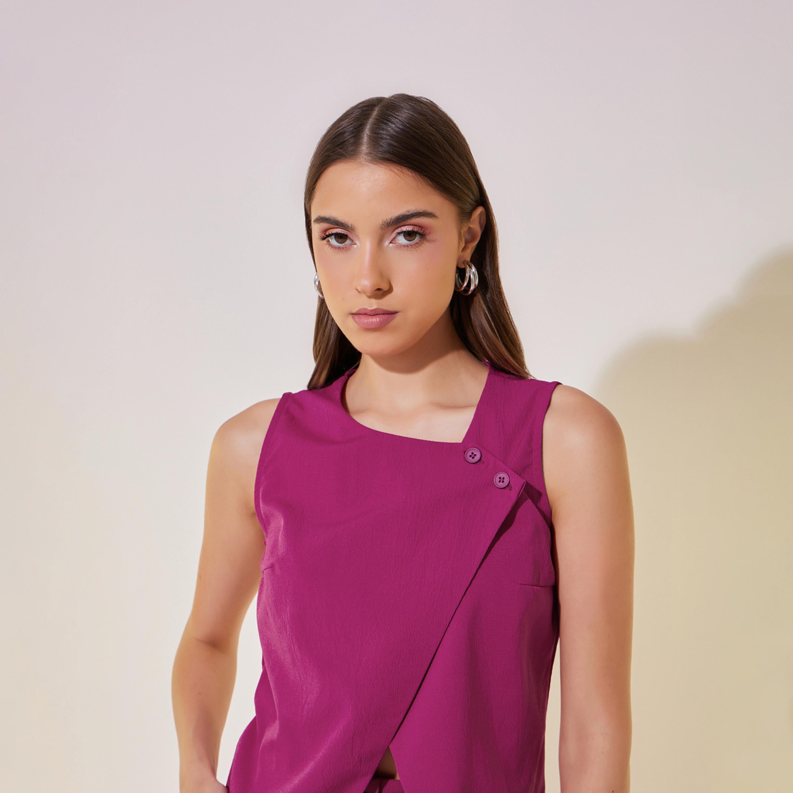 طقم منسق من بنطال وبلوزة سادة بحافة غير متماثلة-women-clothing-coordsets-image-3