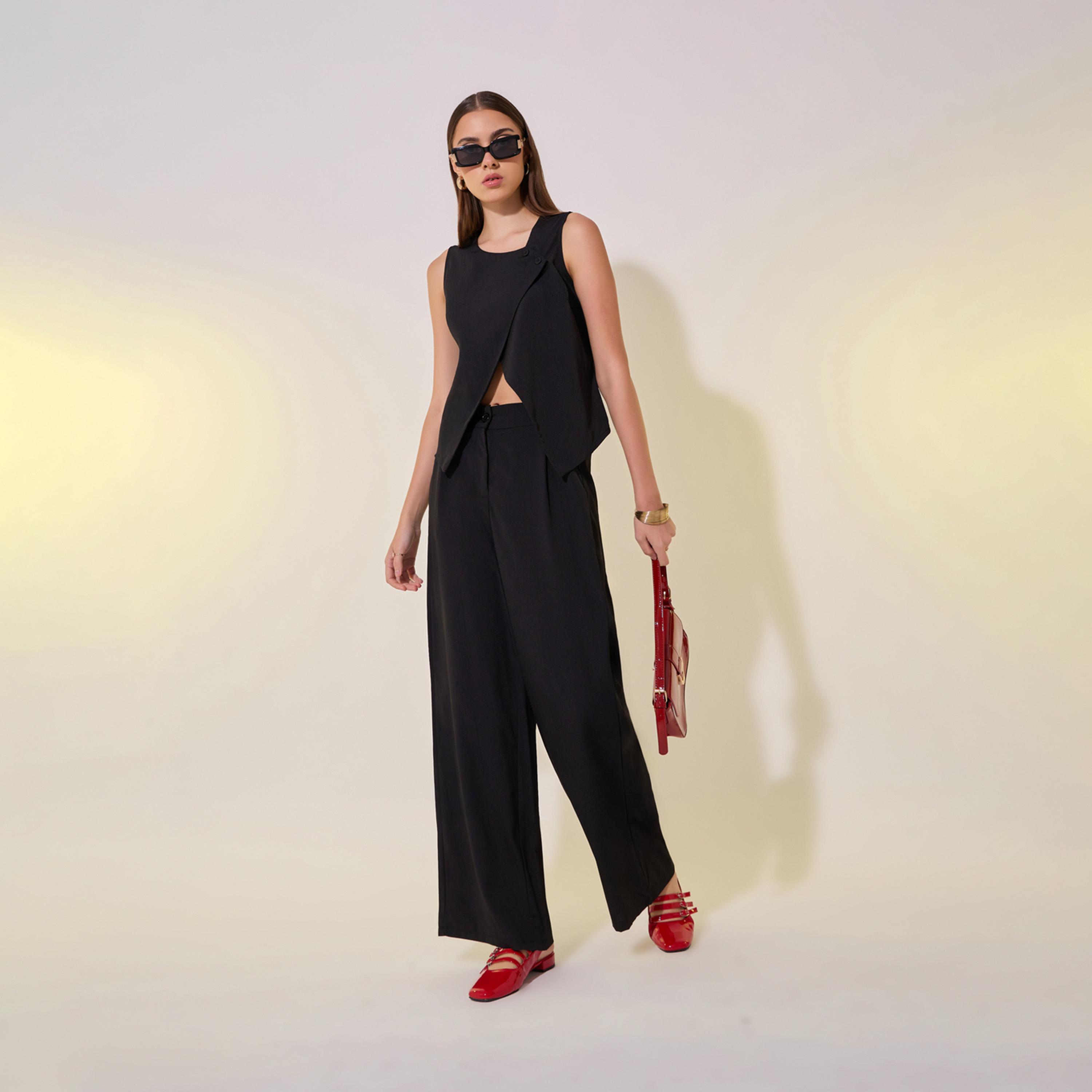 طقم منسق من بنطال وبلوزة سادة بحافة غير متماثلة-women-clothing-coordsets-image-1