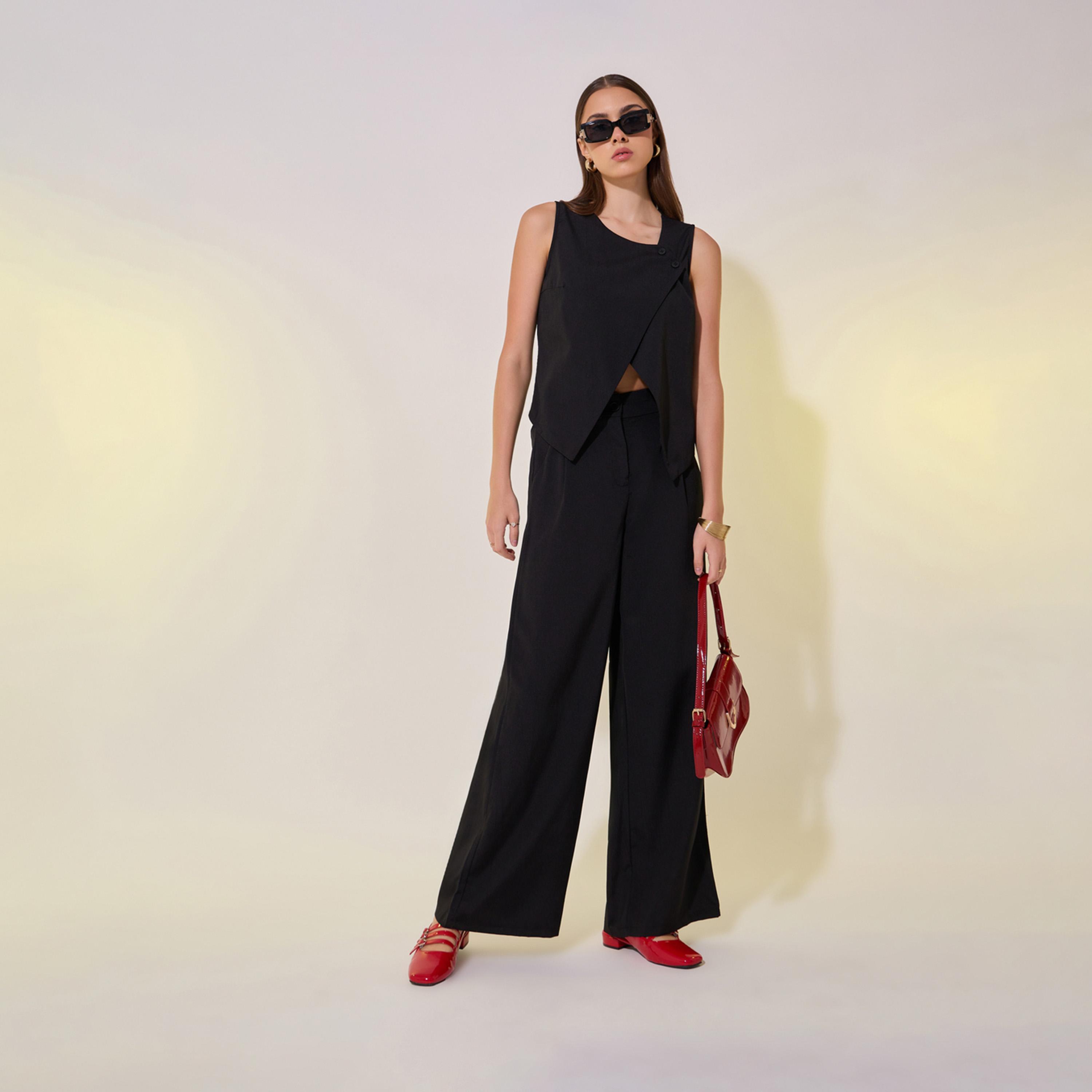 طقم منسق من بنطال وبلوزة سادة بحافة غير متماثلة-women-clothing-coordsets-image-2