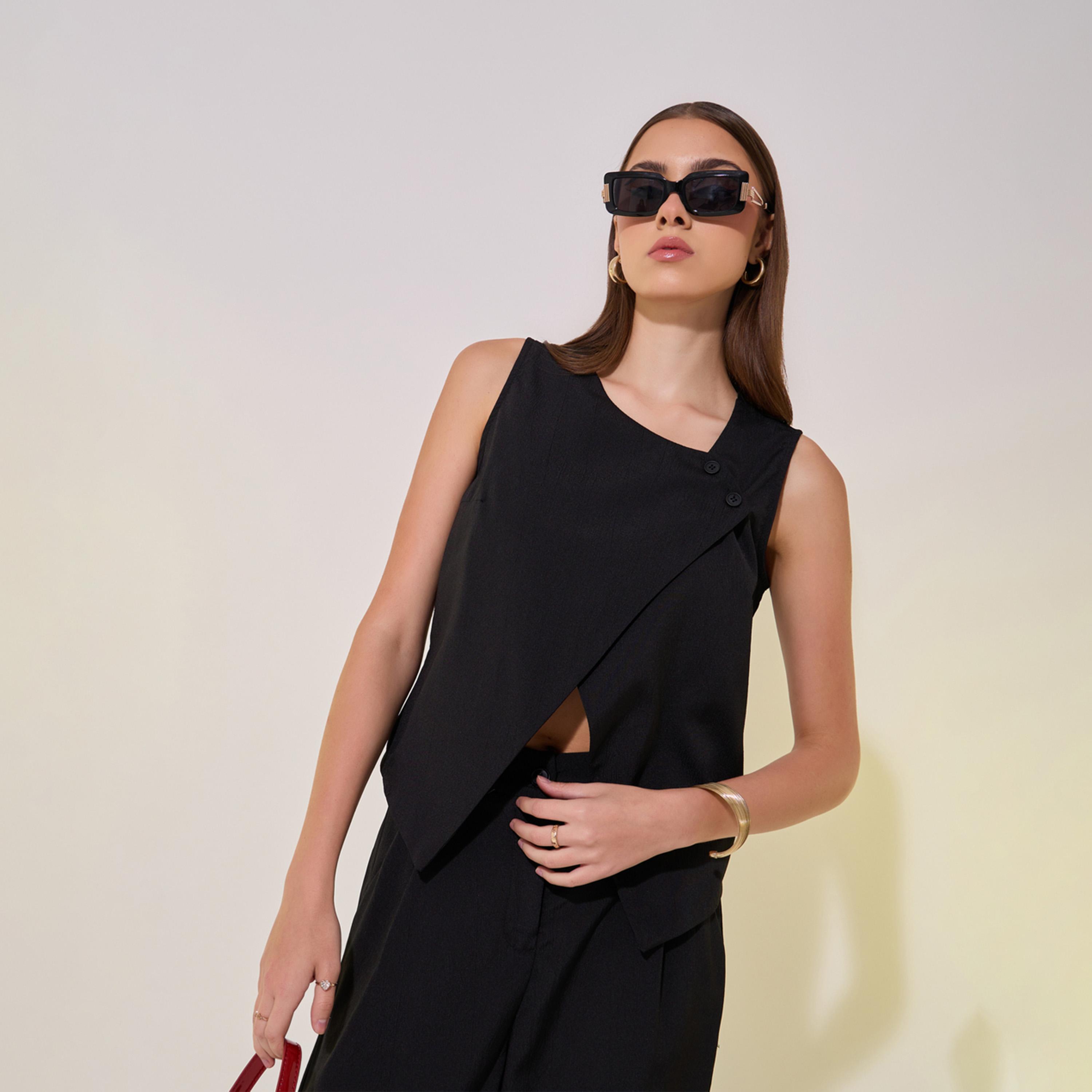 طقم منسق من بنطال وبلوزة سادة بحافة غير متماثلة-women-clothing-coordsets-image-3