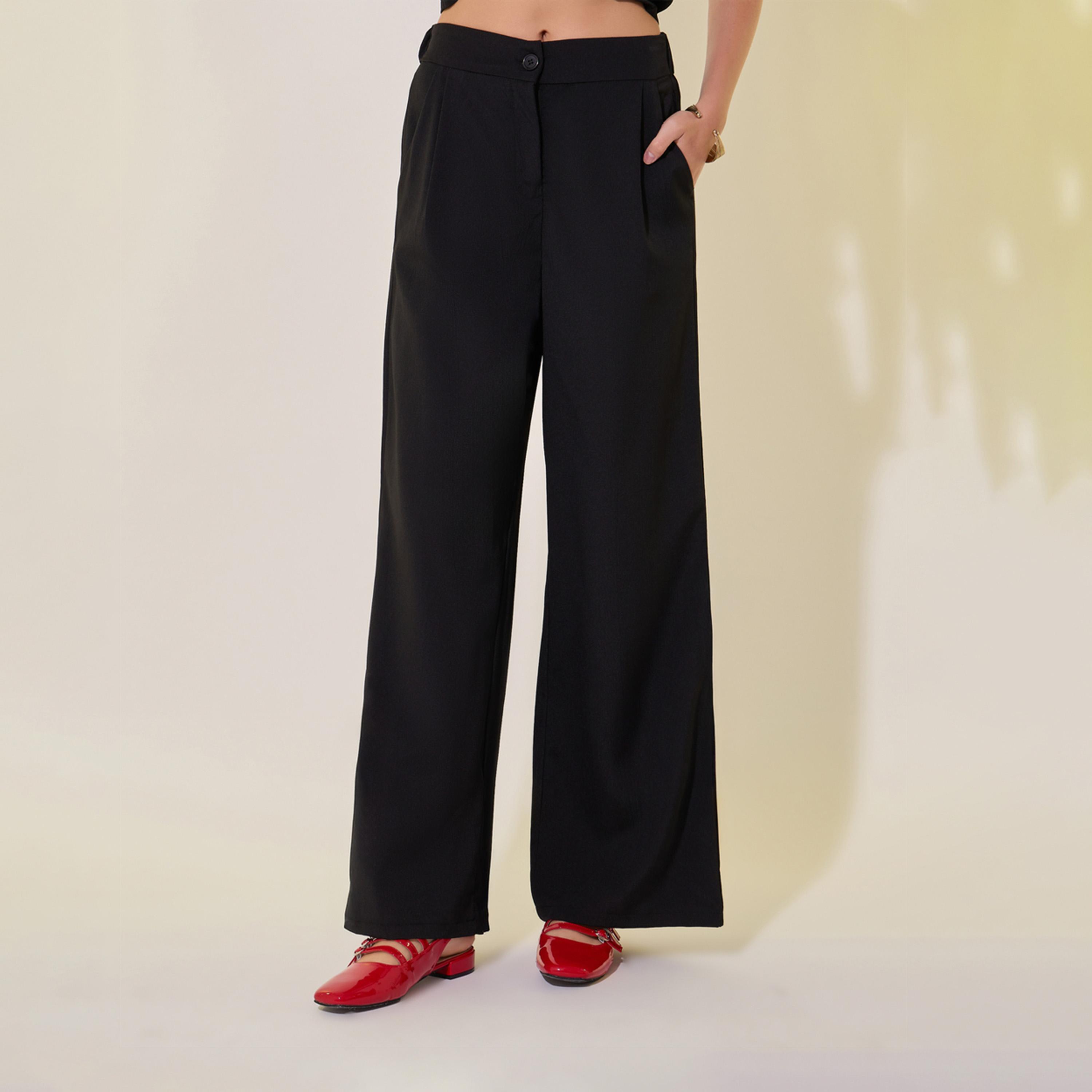 طقم منسق من بنطال وبلوزة سادة بحافة غير متماثلة-women-clothing-coordsets-image-5