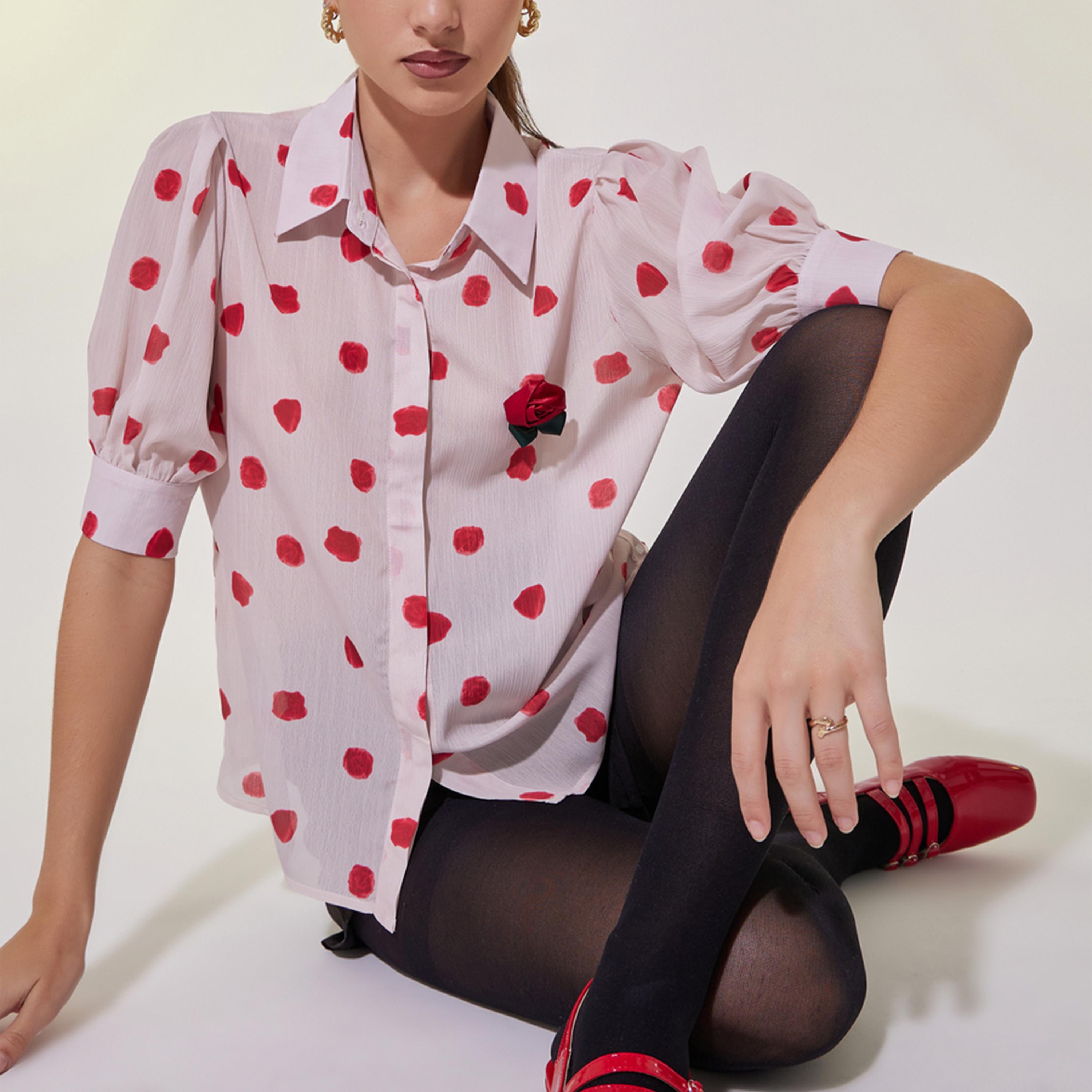 بلوزة بطبعة زهور واكمام منفوخة مع كورساج-women-clothing-shirtsandblouses-shirts-image-1