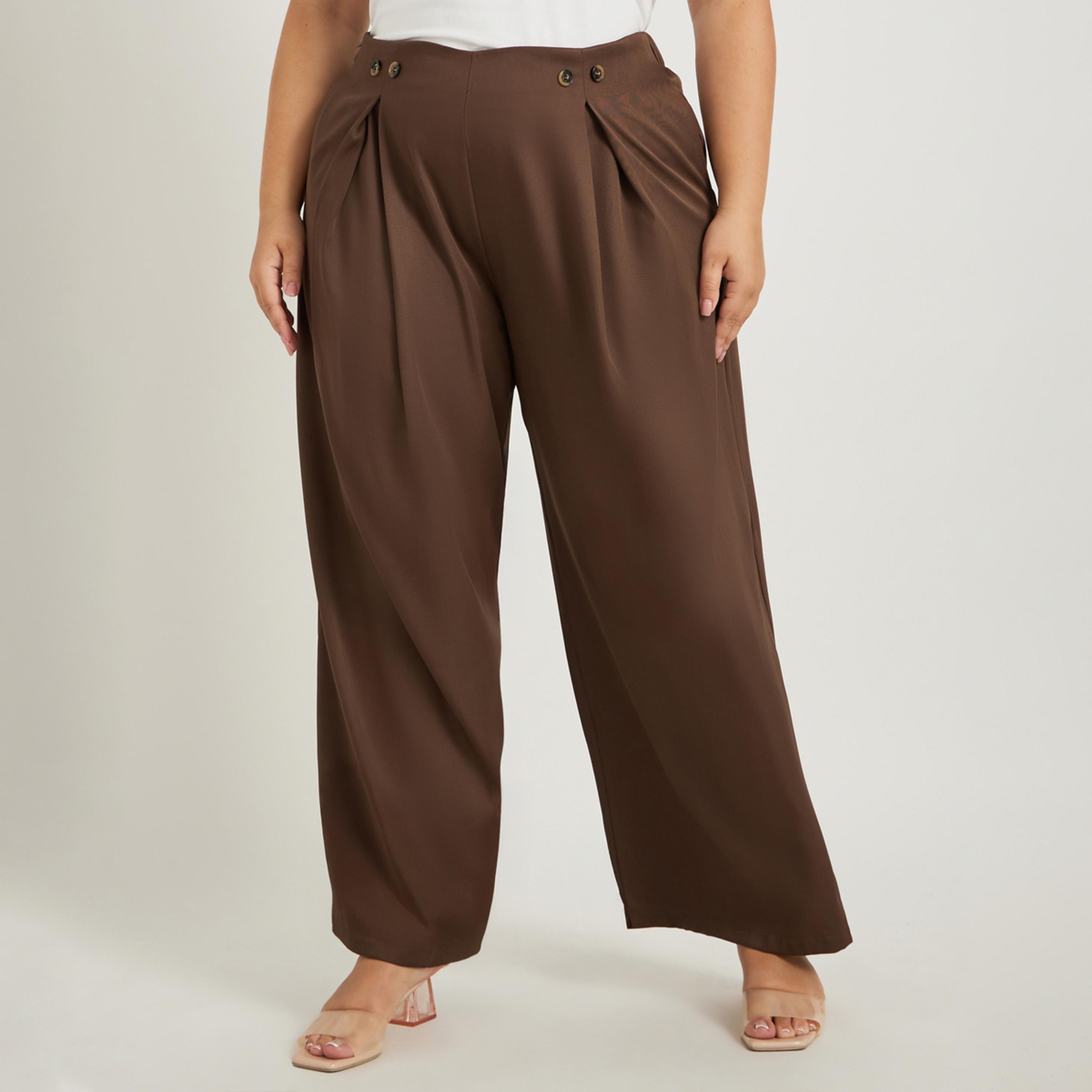 Styli Plus Size Solid Pleated Wide Leg Pants with Button Detail-women-clothing-bottoms-trousers-image-1