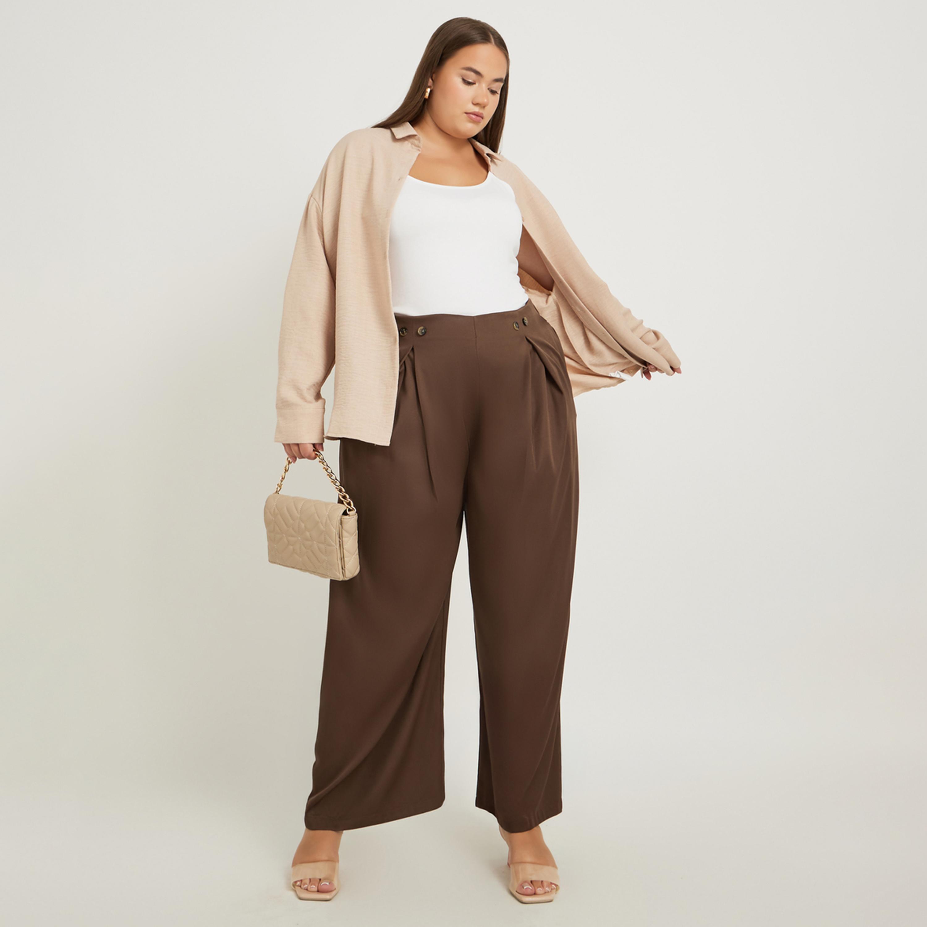 Styli Plus Size Solid Pleated Wide Leg Pants with Button Detail-women-clothing-bottoms-trousers-image-2