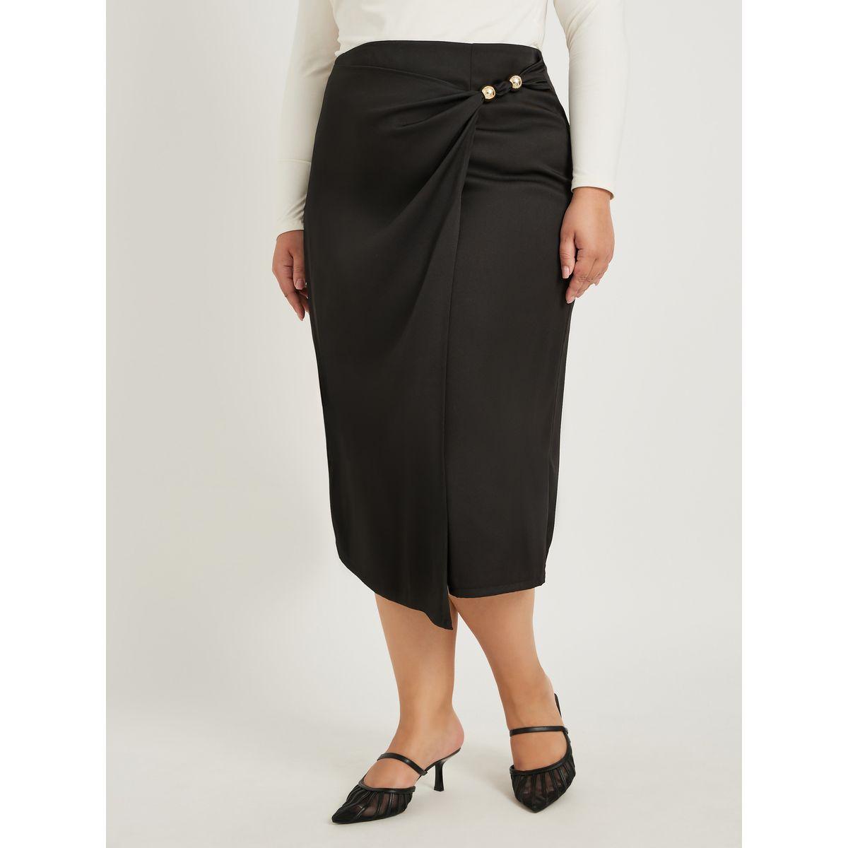 Styli Plus Size Plain Wrap Look A-Line Skirt with Bead Detail-women-clothing-bottoms-skirts-image-2