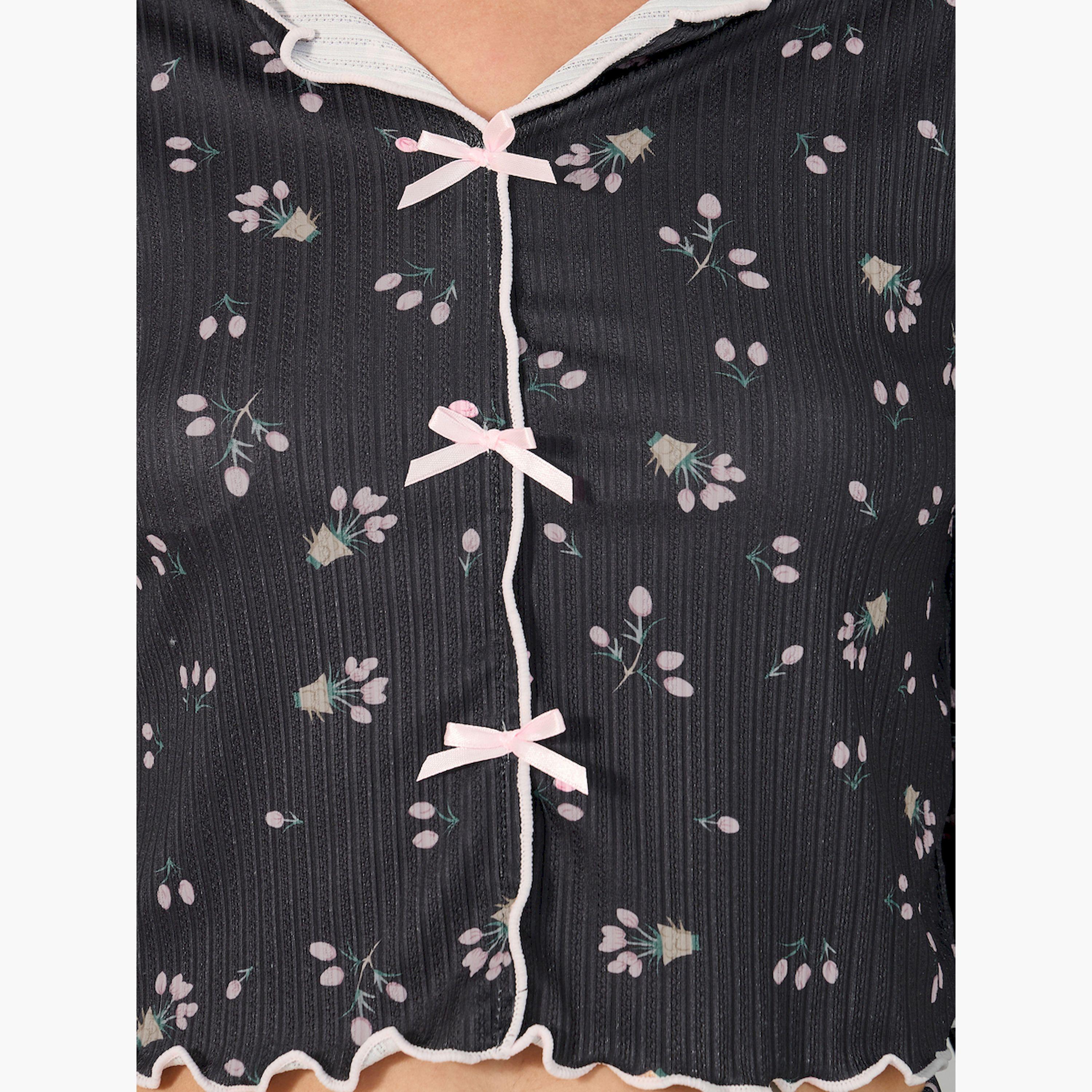 ستايلي - طقم توب مضلع مطبوع بالكامل مع بنطال بيجامة بحافة متعرجة-women-clothing-nightwear-pyjamas-longsets-image-3