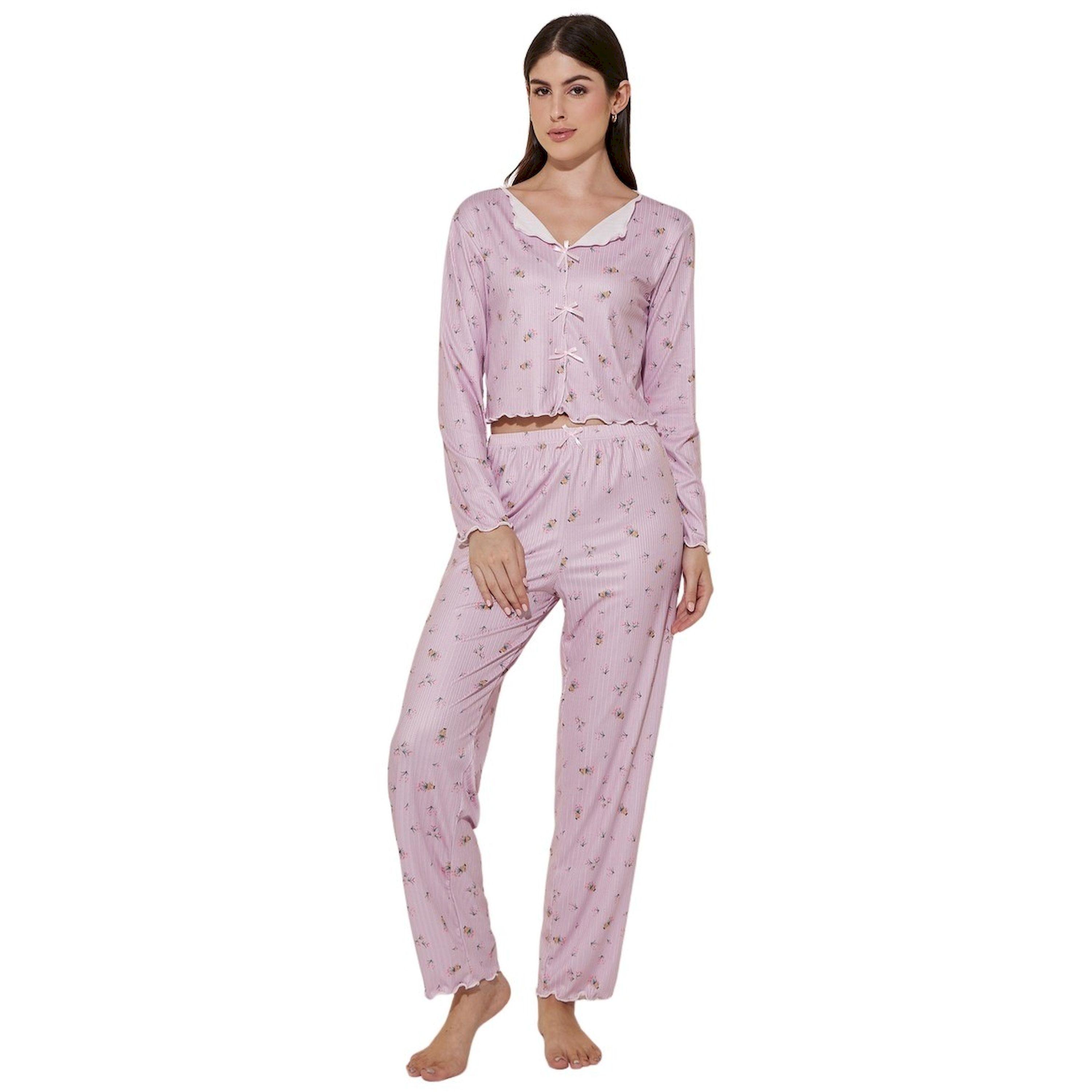 ستايلي - طقم بنطال بيجامة وقميص مضلع بطبعة زهور وحافة متعرجة-women-clothing-nightwear-pyjamas-longsets-image-2