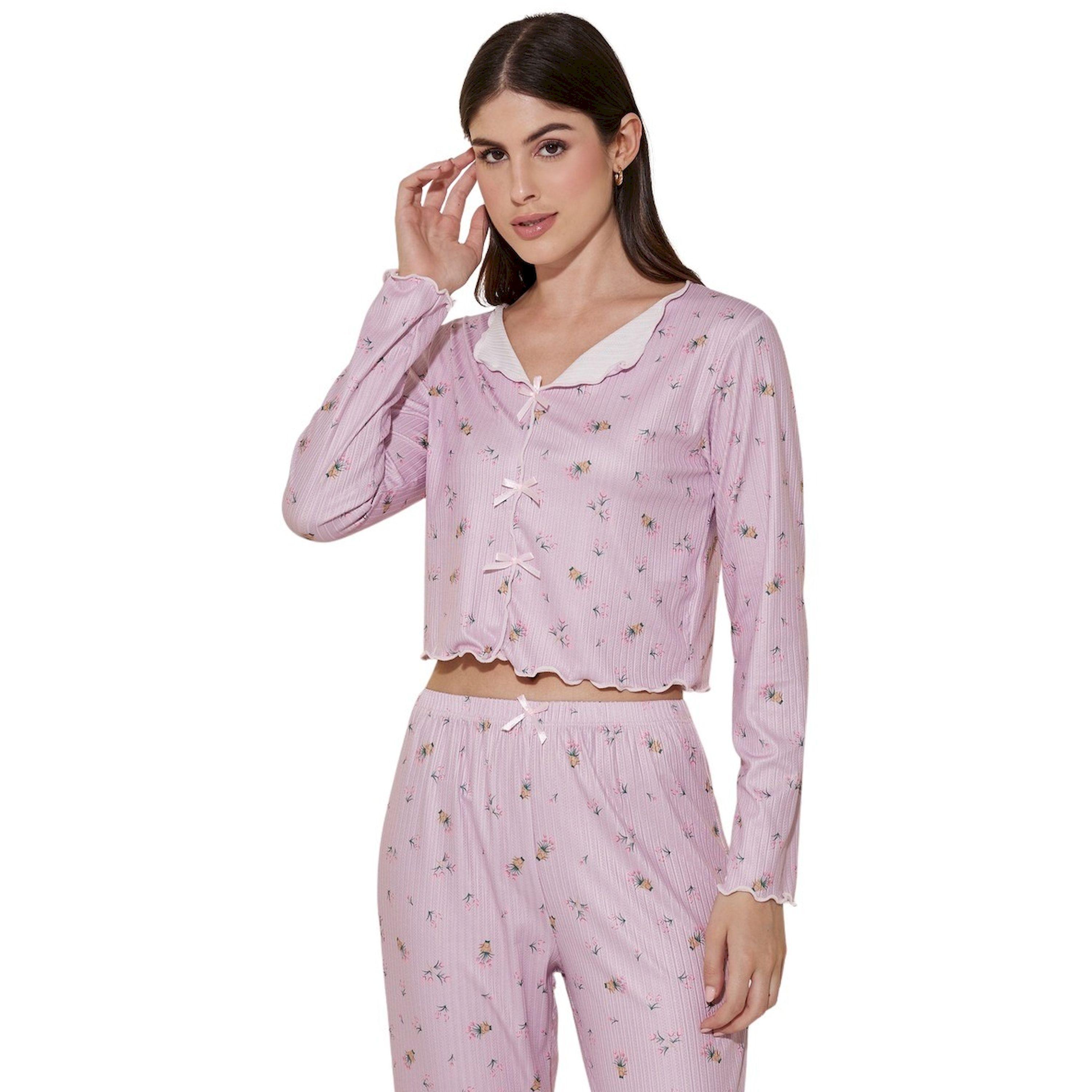 ستايلي - طقم بنطال بيجامة وقميص مضلع بطبعة زهور وحافة متعرجة-women-clothing-nightwear-pyjamas-longsets-image-3