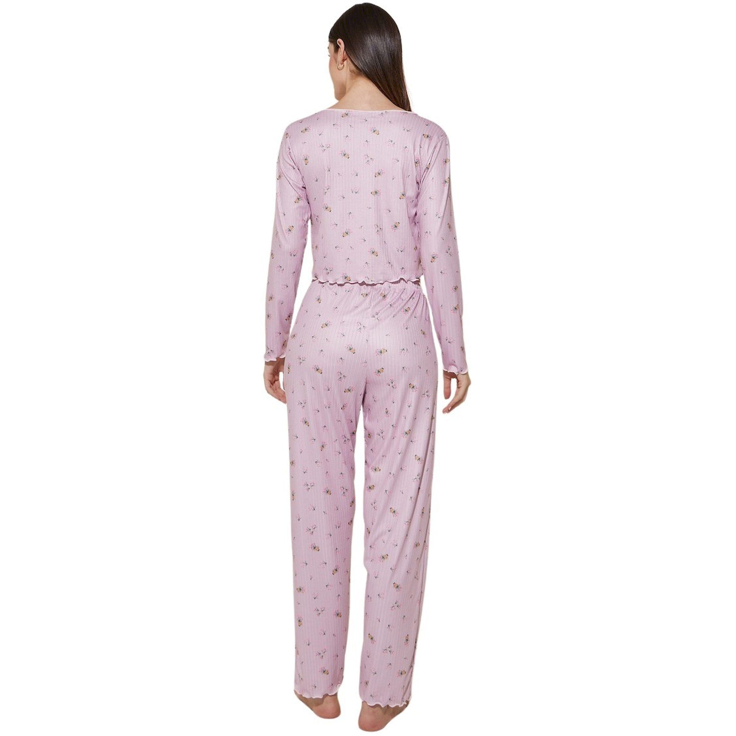 ستايلي - طقم بنطال بيجامة وقميص مضلع بطبعة زهور وحافة متعرجة-women-clothing-nightwear-pyjamas-longsets-image-5