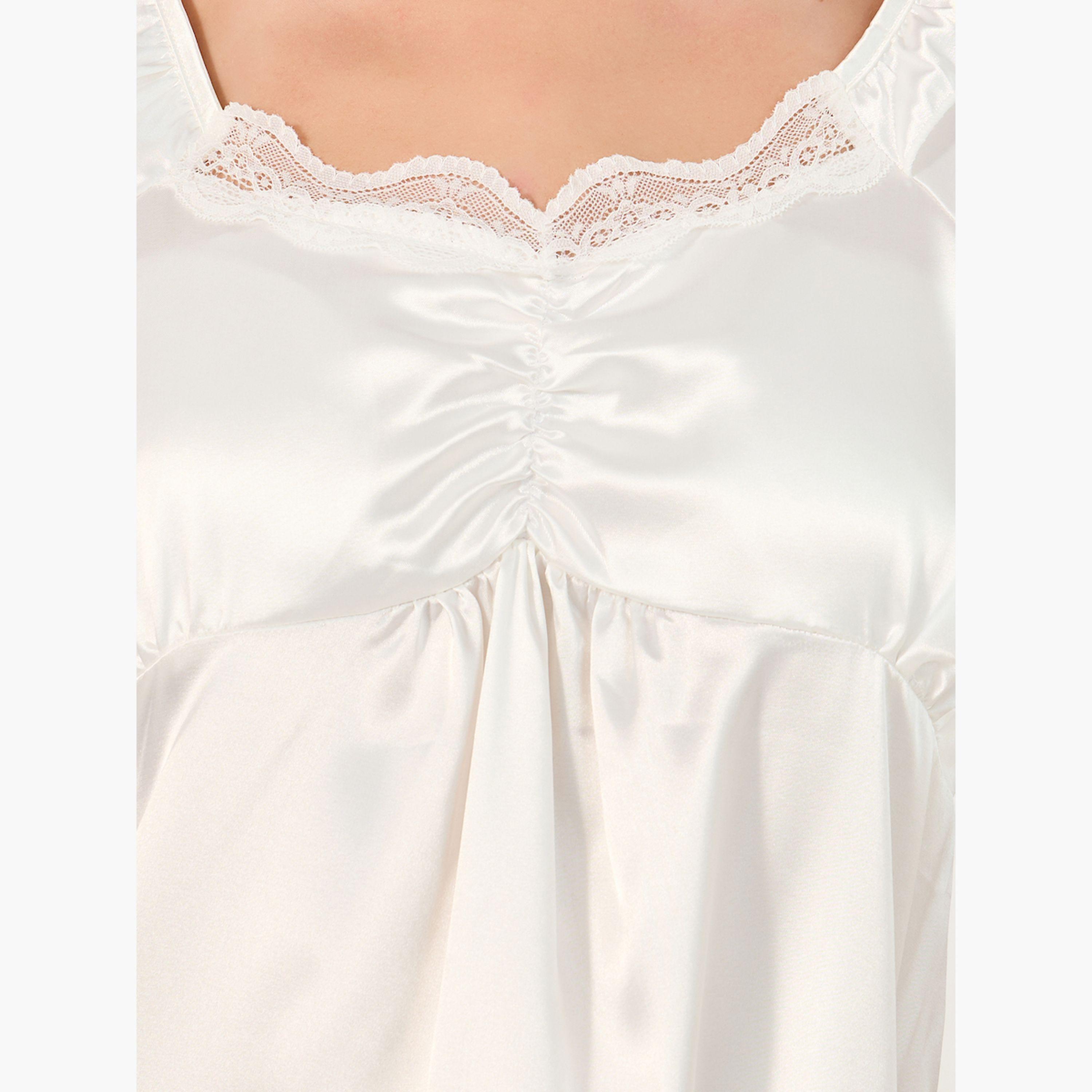 Styli Satin Lace Trim Gathered Detail Night Dress-women-clothing-nightwear-nighties-image-3