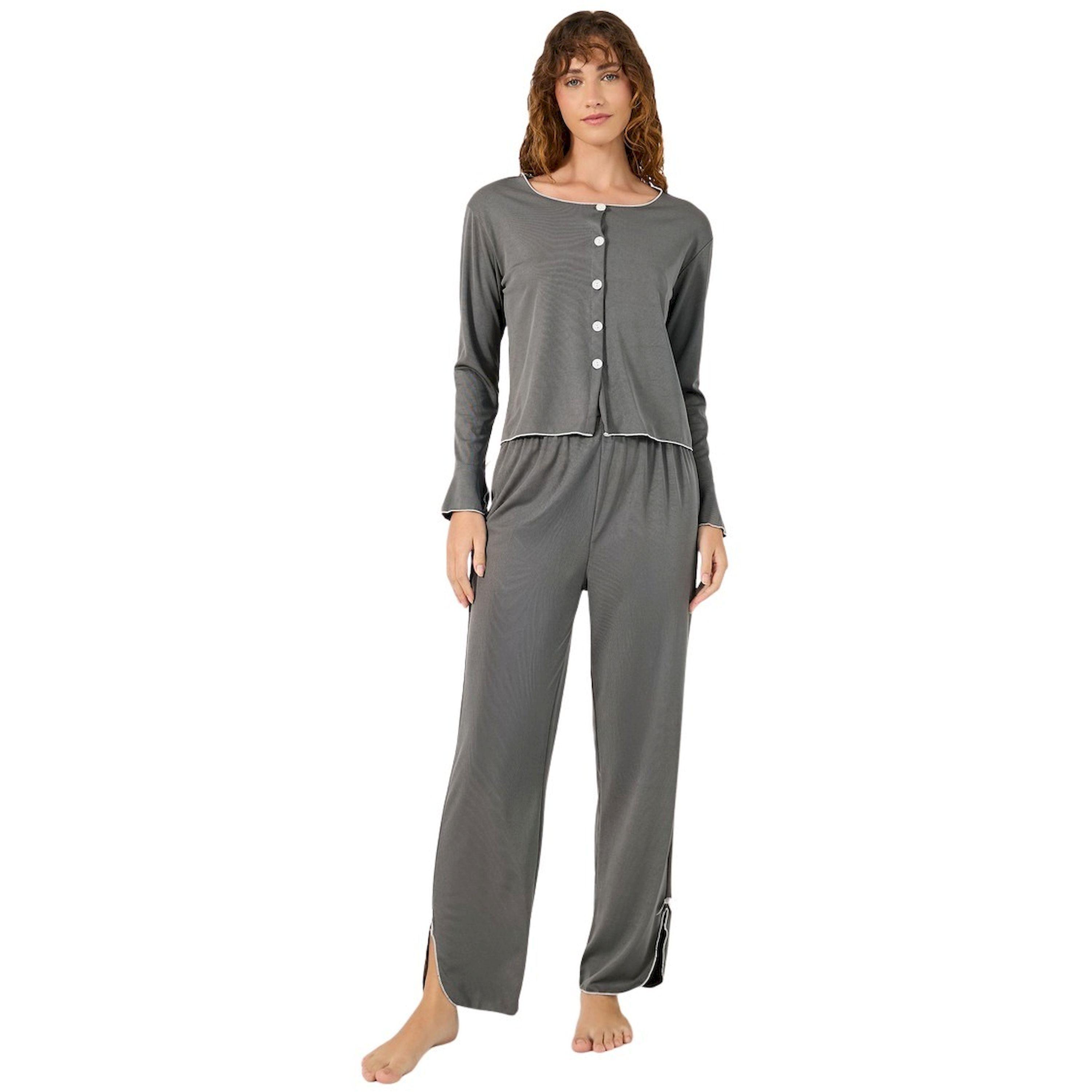 Styli Solid Lettuce Edge Hem Button Front Top and Pyjama Pants Set with Bow Detail-women-clothing-nightwear-pyjamas-longsets-image-1