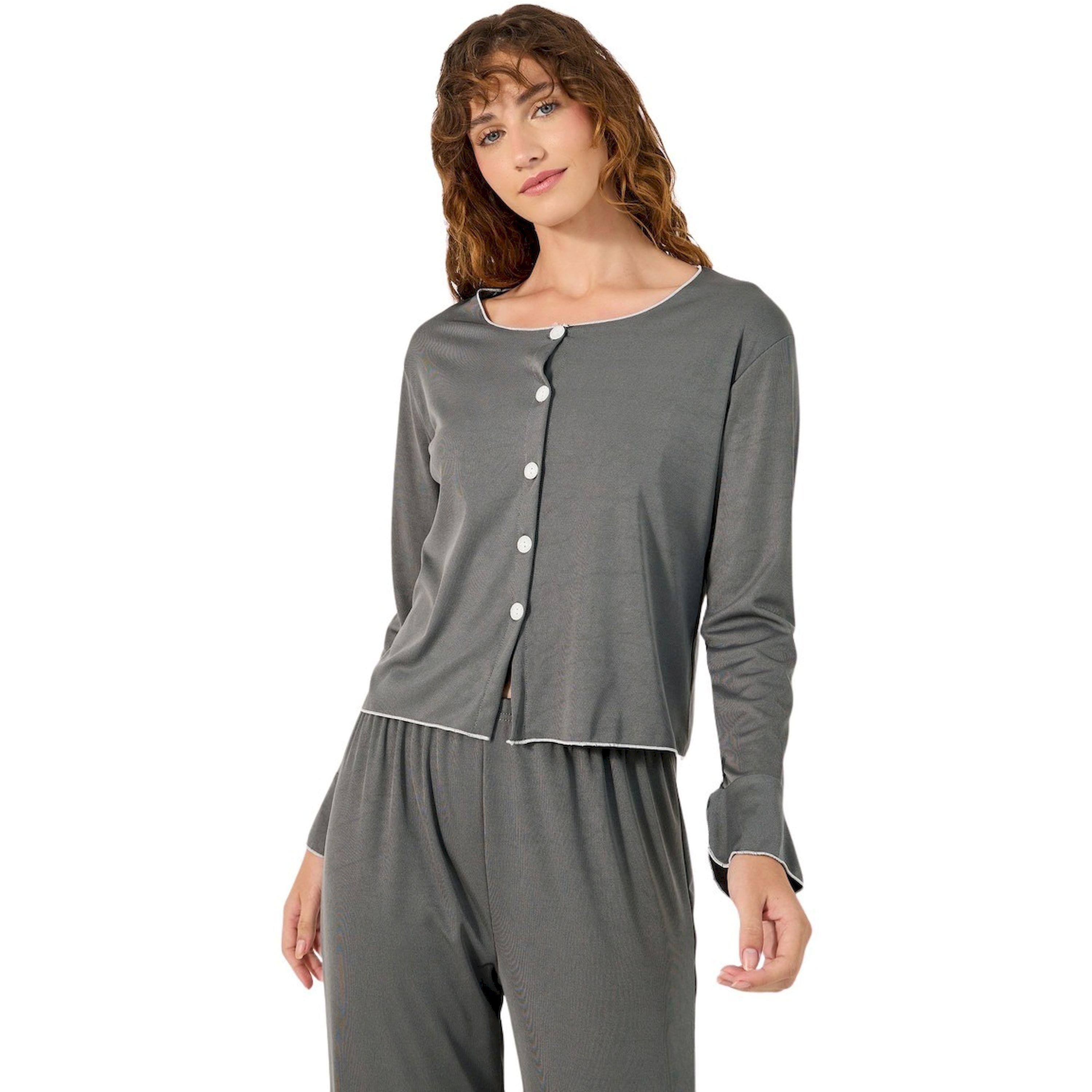 Styli Solid Lettuce Edge Hem Button Front Top and Pyjama Pants Set with Bow Detail-women-clothing-nightwear-pyjamas-longsets-image-2