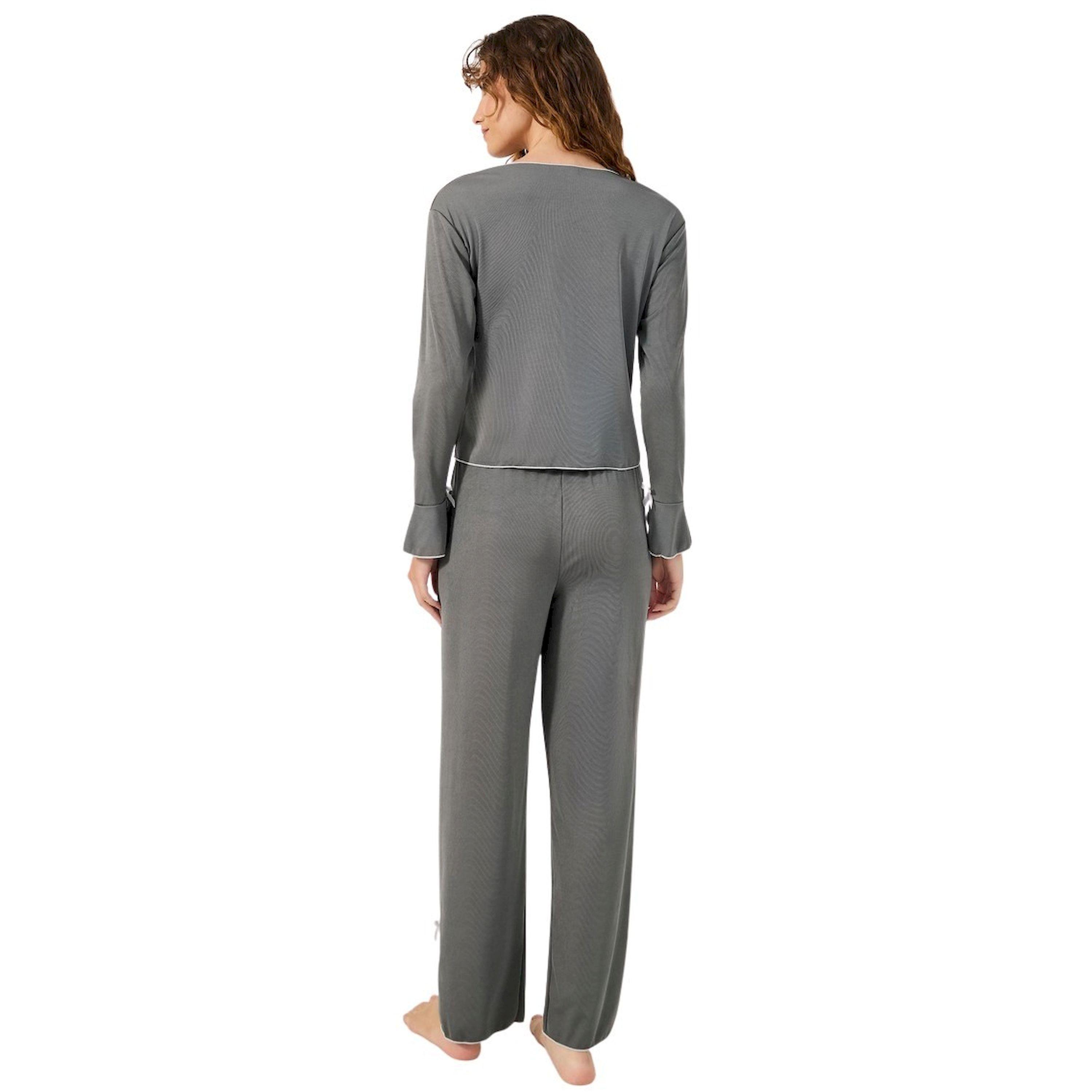 Styli Solid Lettuce Edge Hem Button Front Top and Pyjama Pants Set with Bow Detail-women-clothing-nightwear-pyjamas-longsets-image-4