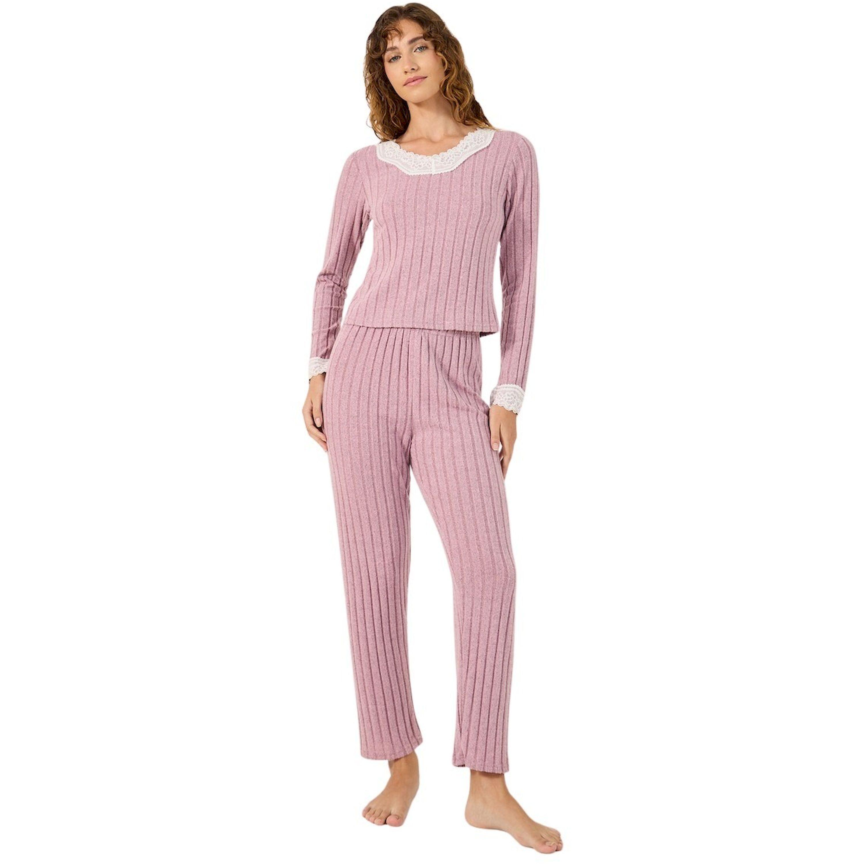 ستايلي - طقم بيجاما ، توب مضلع بحواف من الدانتيل وبنطال بيجاما-women-clothing-nightwear-pyjamas-longsets-image-2