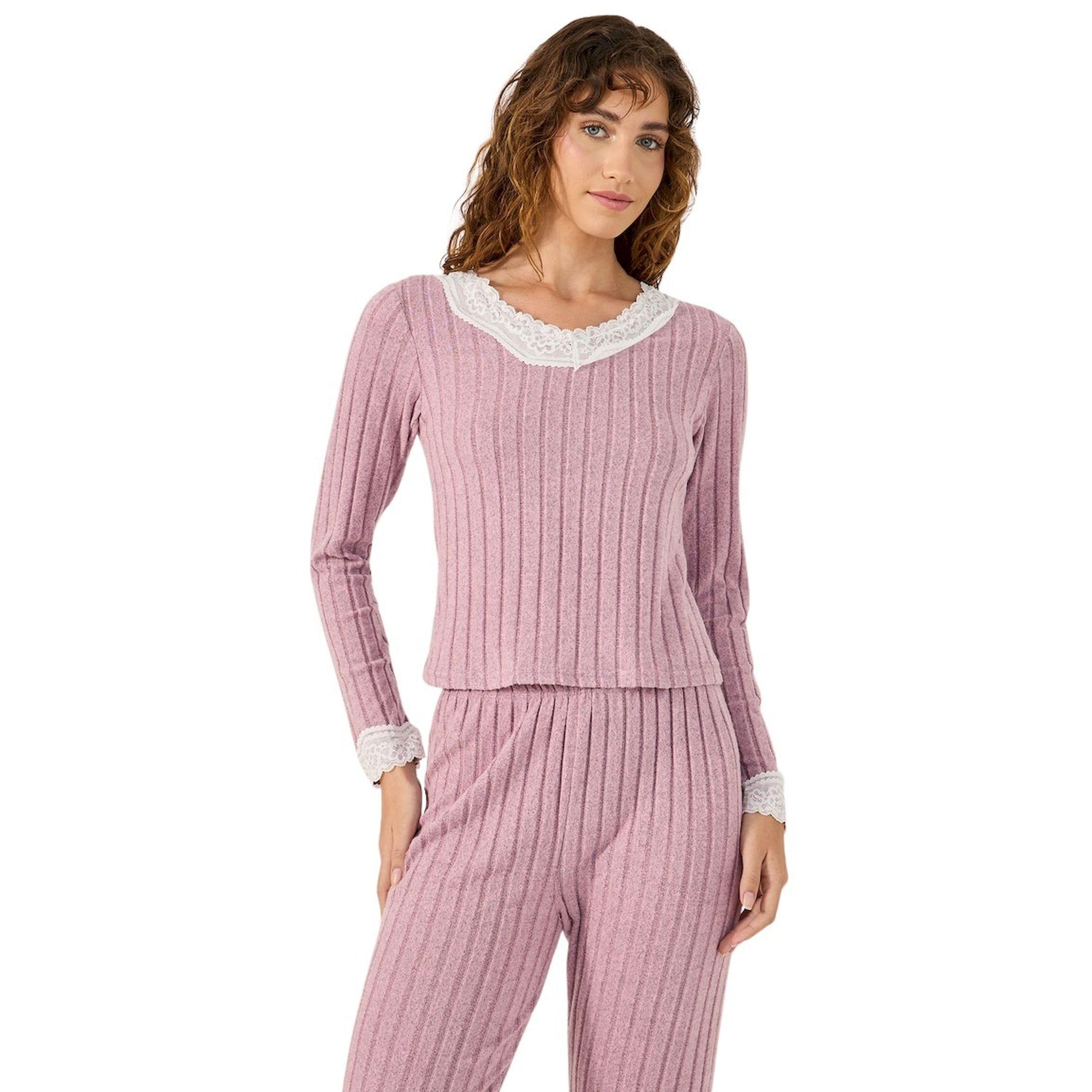 ستايلي - طقم بيجاما ، توب مضلع بحواف من الدانتيل وبنطال بيجاما-women-clothing-nightwear-pyjamas-longsets-image-3