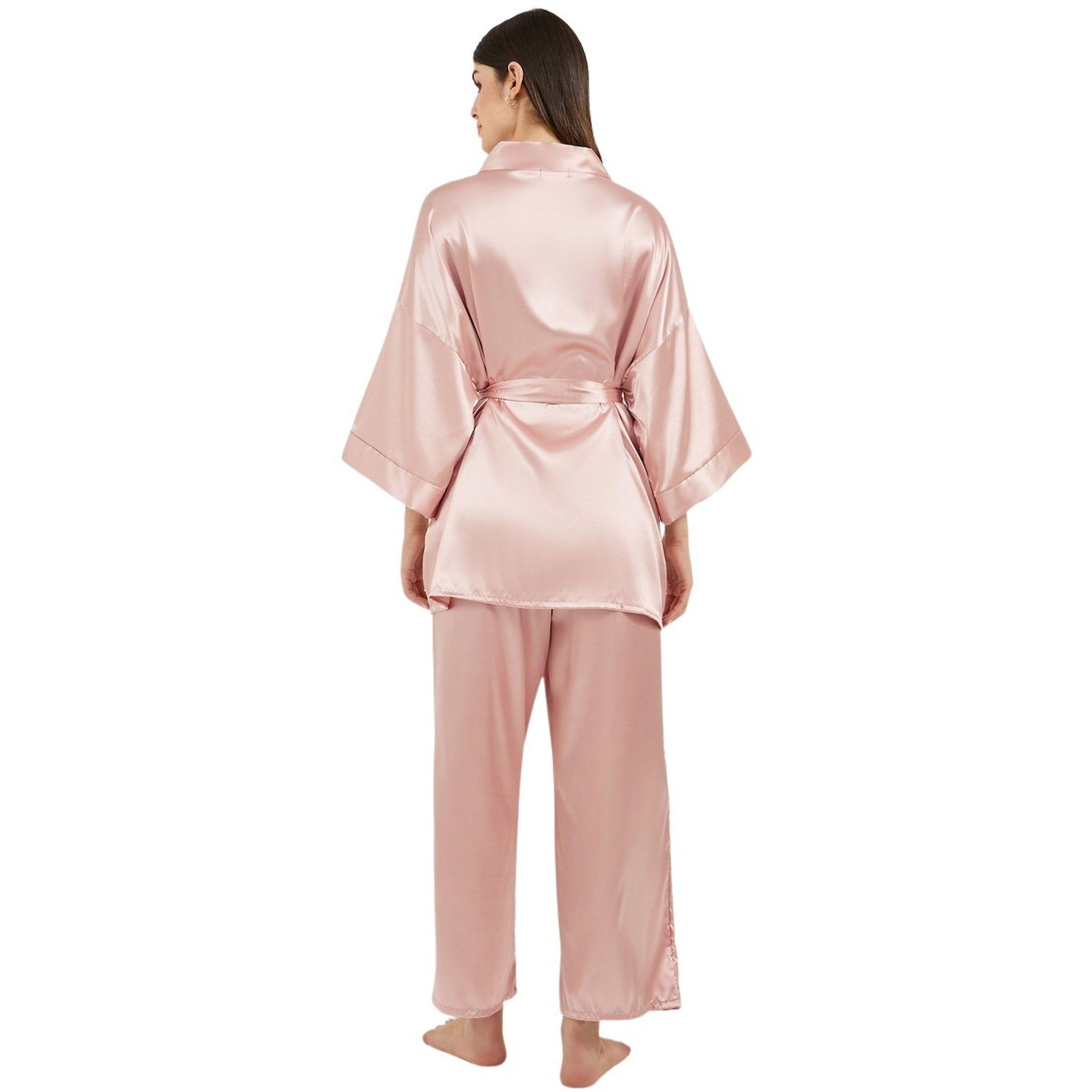 ستايلي -  طقم كيمونو وبيجاما برباط خصر من الساتان-women-clothing-nightwear-pyjamas-longsets-image-4