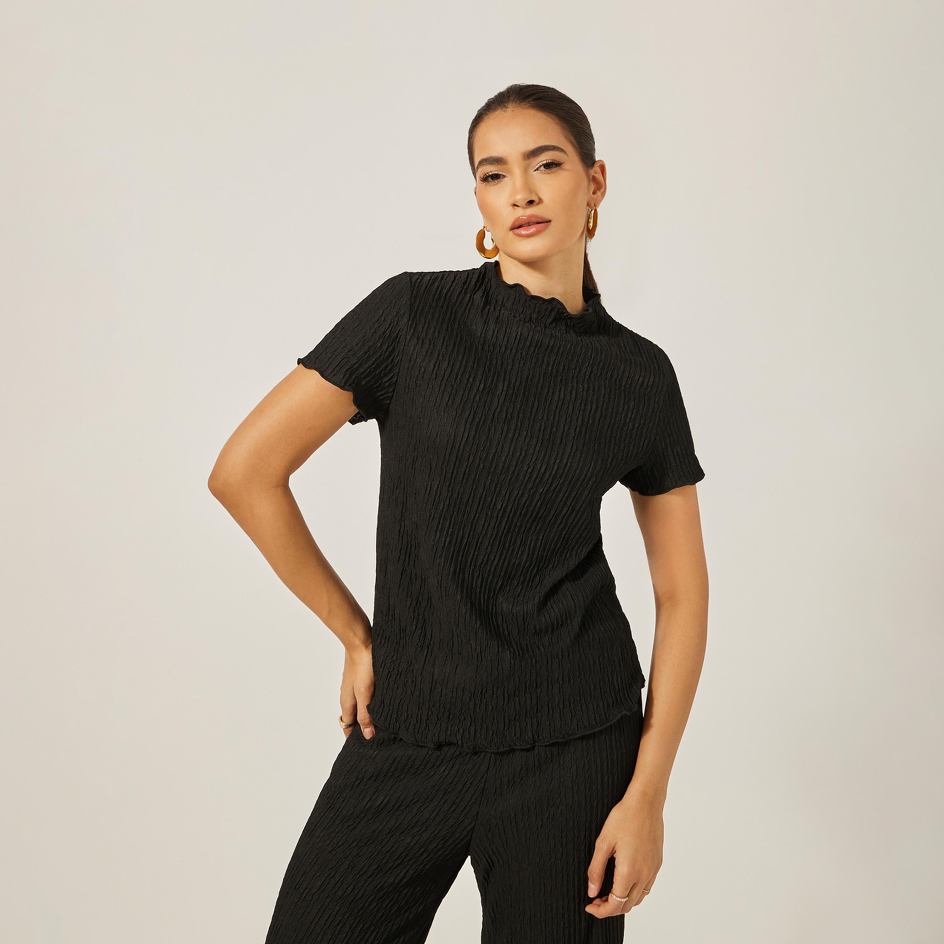 ستايلي - قميص برقبة عالية مع بنطلون واسع الساق-women-clothing-coordsets-image-3