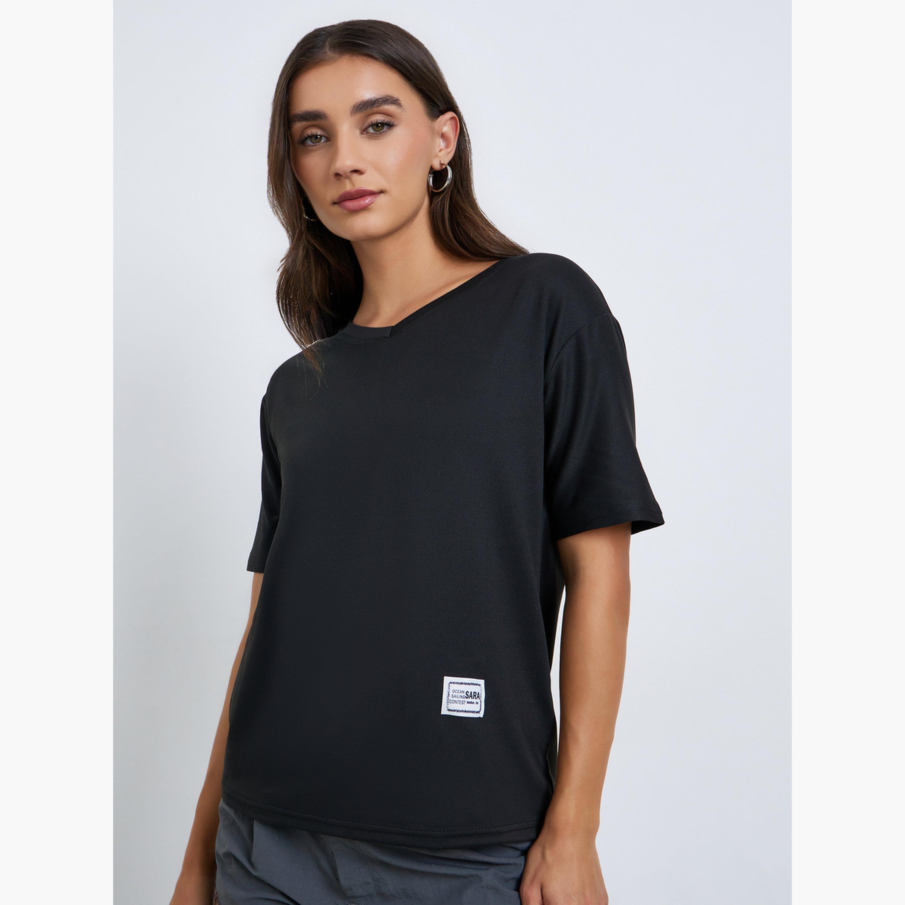 Styli Women Black V Neck Regular Fit T-Shirt-women-clothing-tshirts-image-1