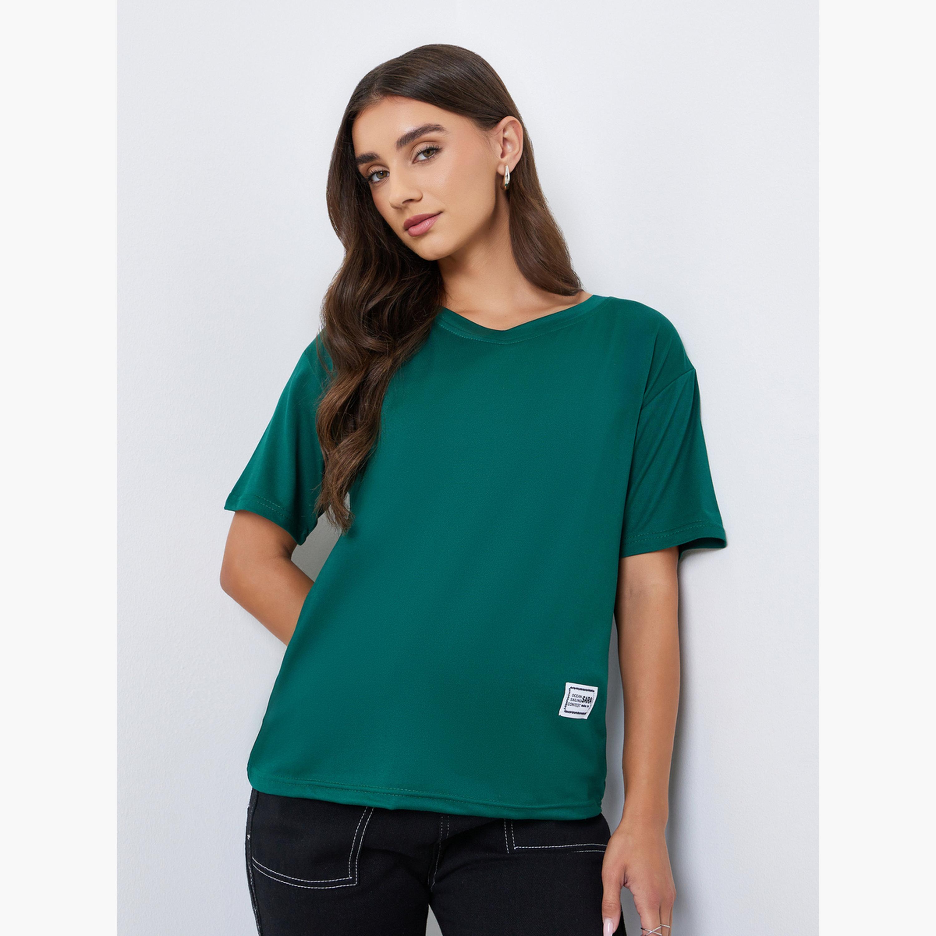 Styli Short Sleeve Vneck Plain Regular T-shirt-women-clothing-tshirts-image-1