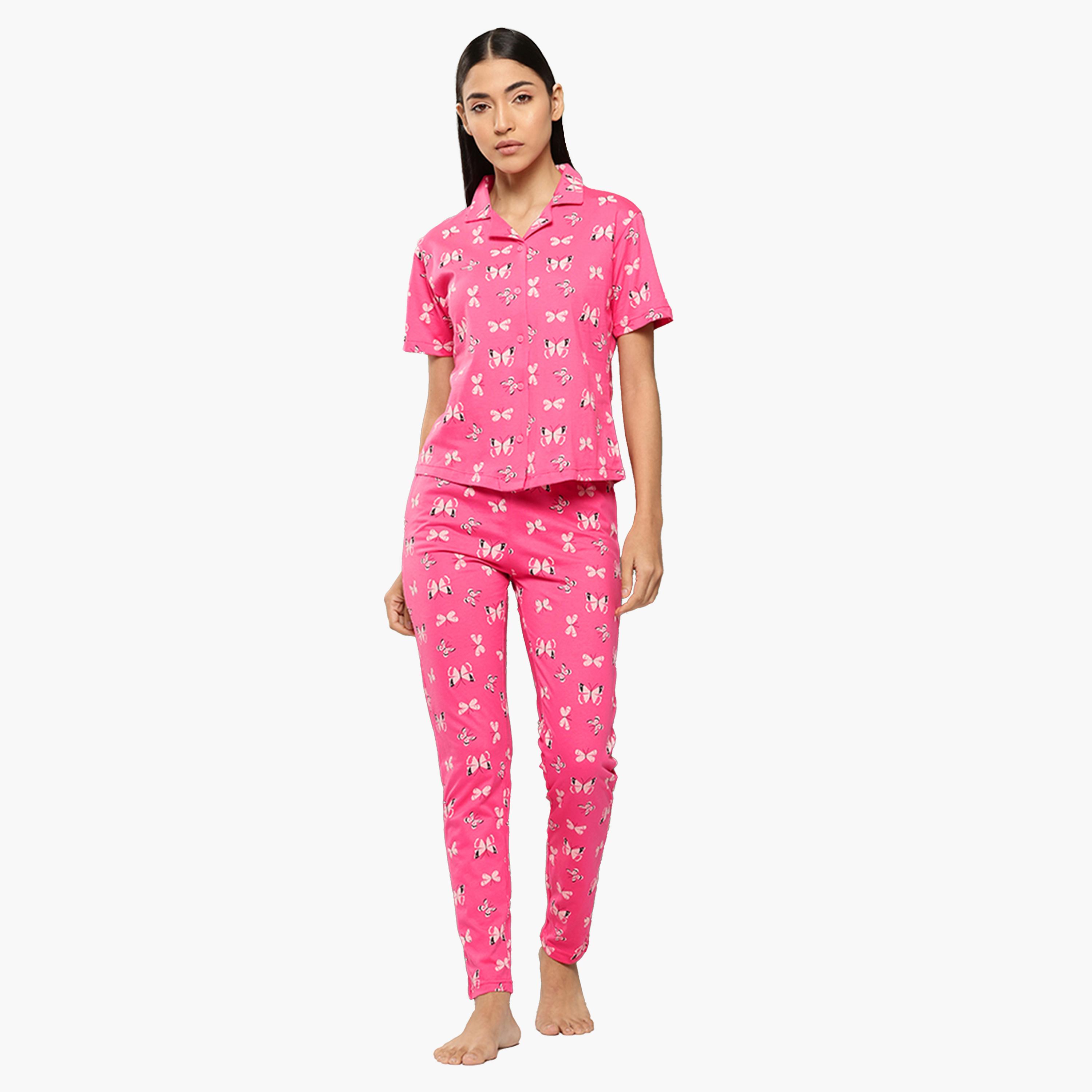 ليدينغ ليدي × ستايلي-  بيجاما قميص قطني بطبعة فراشات-women-clothing-nightwear-pyjamas-longsets-image-1