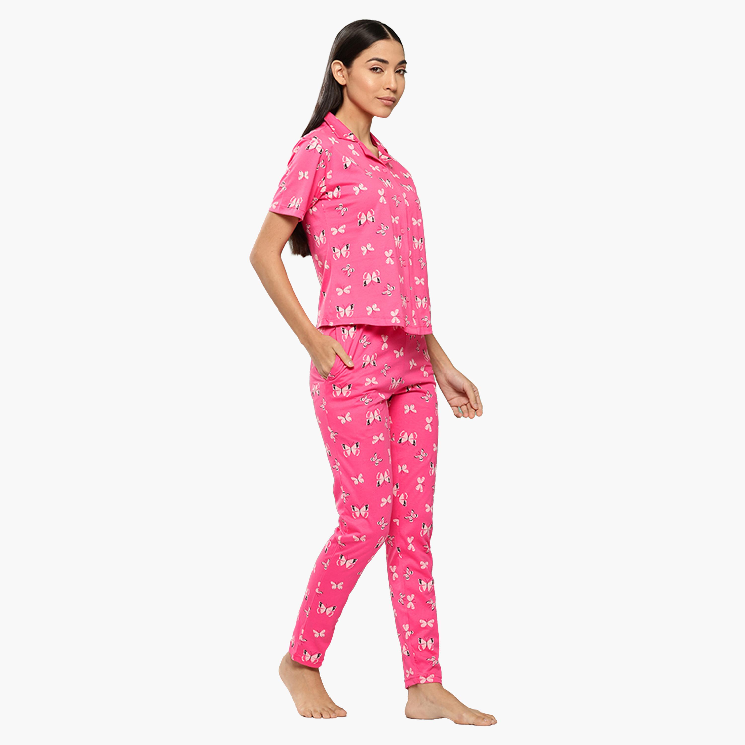 ليدينغ ليدي × ستايلي-  بيجاما قميص قطني بطبعة فراشات-women-clothing-nightwear-pyjamas-longsets-image-2