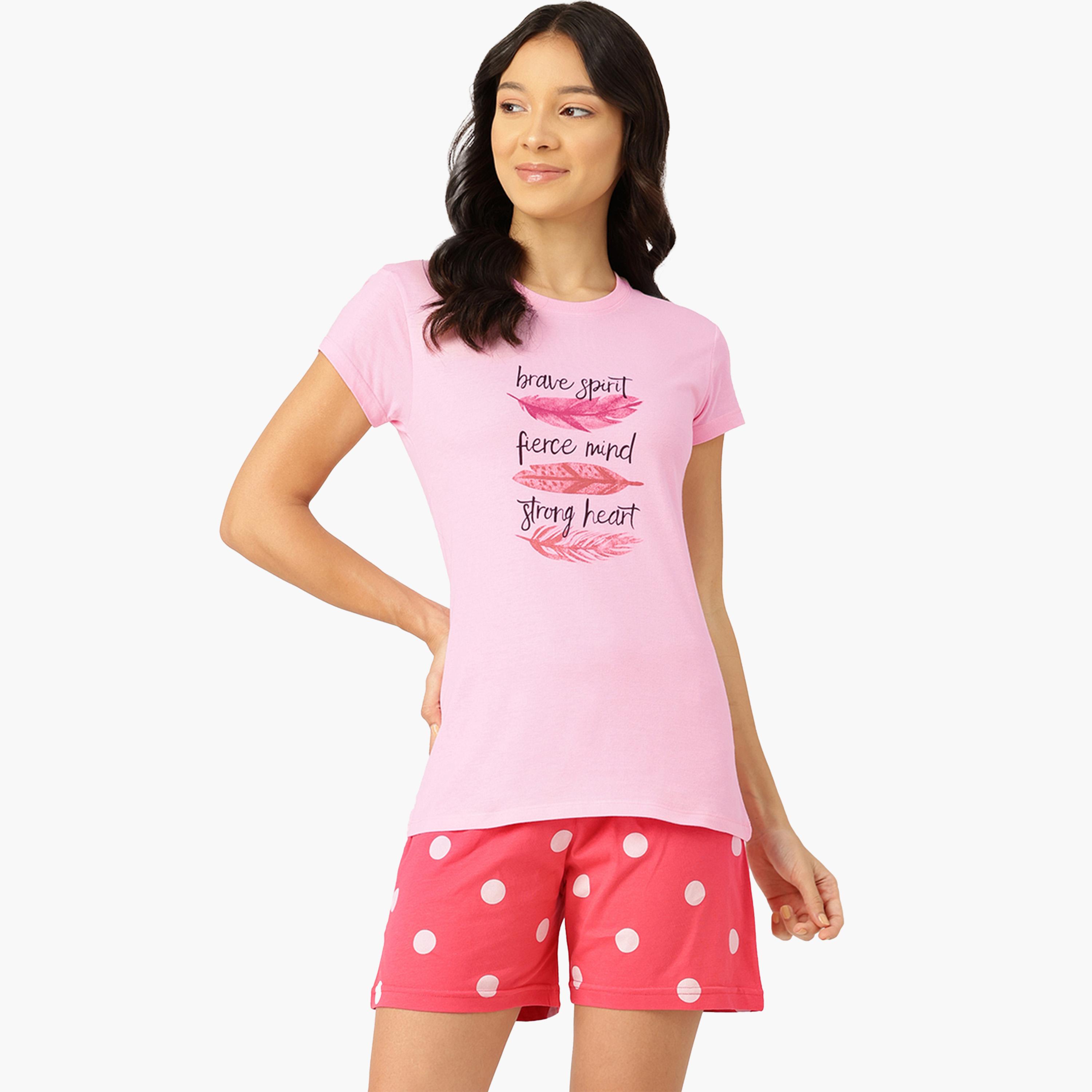Leading Lady X Styli Slogan Print Short Sleeve T-Shirt and Shorts Set-women-clothing-nightwear-pyjamas-shortsets-image-1