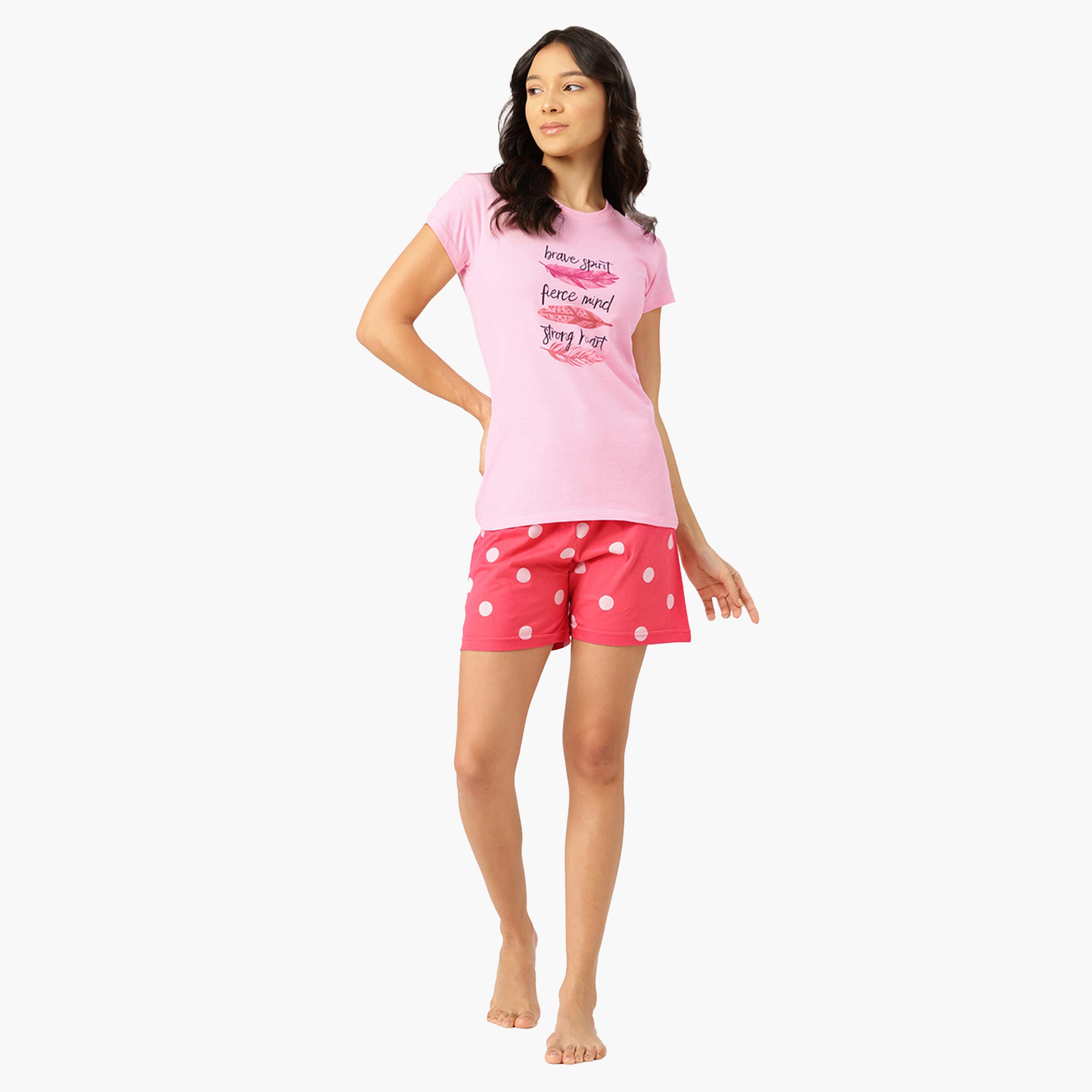 Leading Lady X Styli Slogan Print Short Sleeve T-Shirt and Shorts Set-women-clothing-nightwear-pyjamas-shortsets-image-4