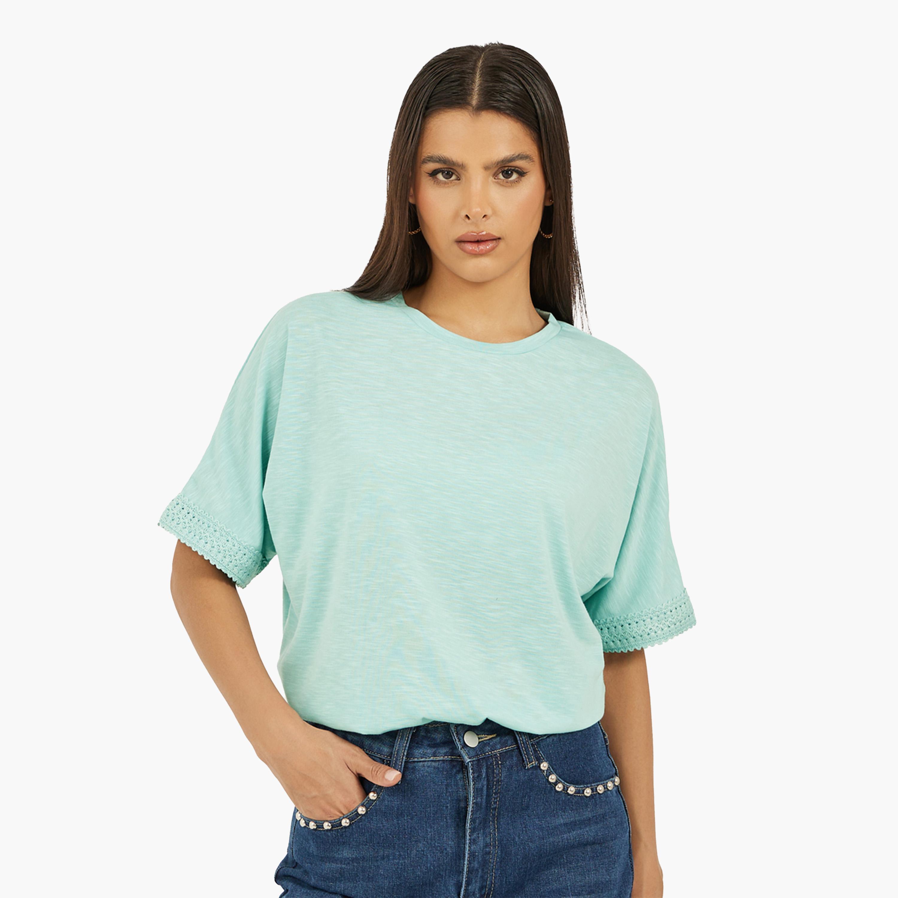 Styli Slubbed Short Sleeves Boxy T-Shirt with Lace Detail-women-clothing-tshirts-image-1