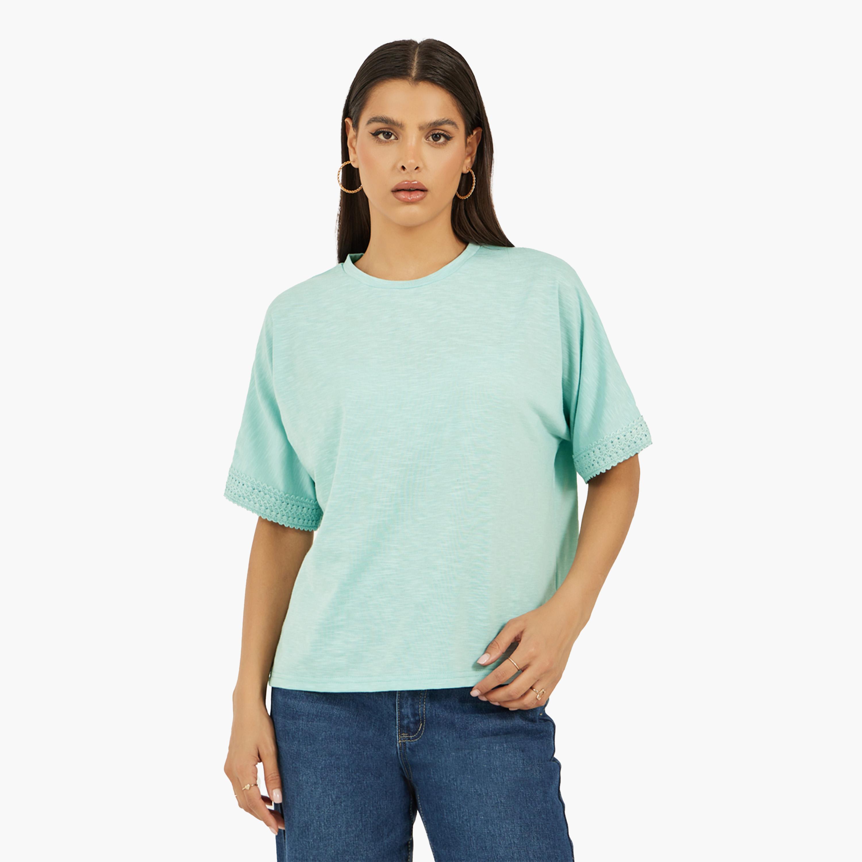Styli Slubbed Short Sleeves Boxy T-Shirt with Lace Detail-women-clothing-tshirts-image-2