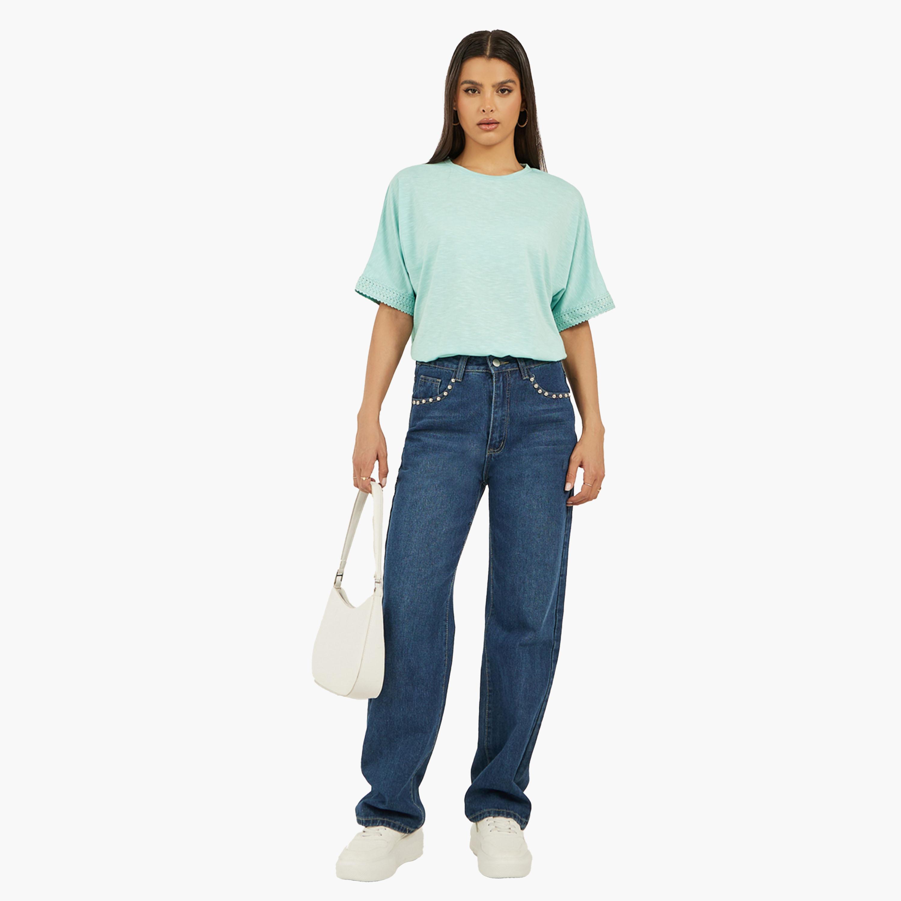 Styli Slubbed Short Sleeves Boxy T-Shirt with Lace Detail-women-clothing-tshirts-image-3