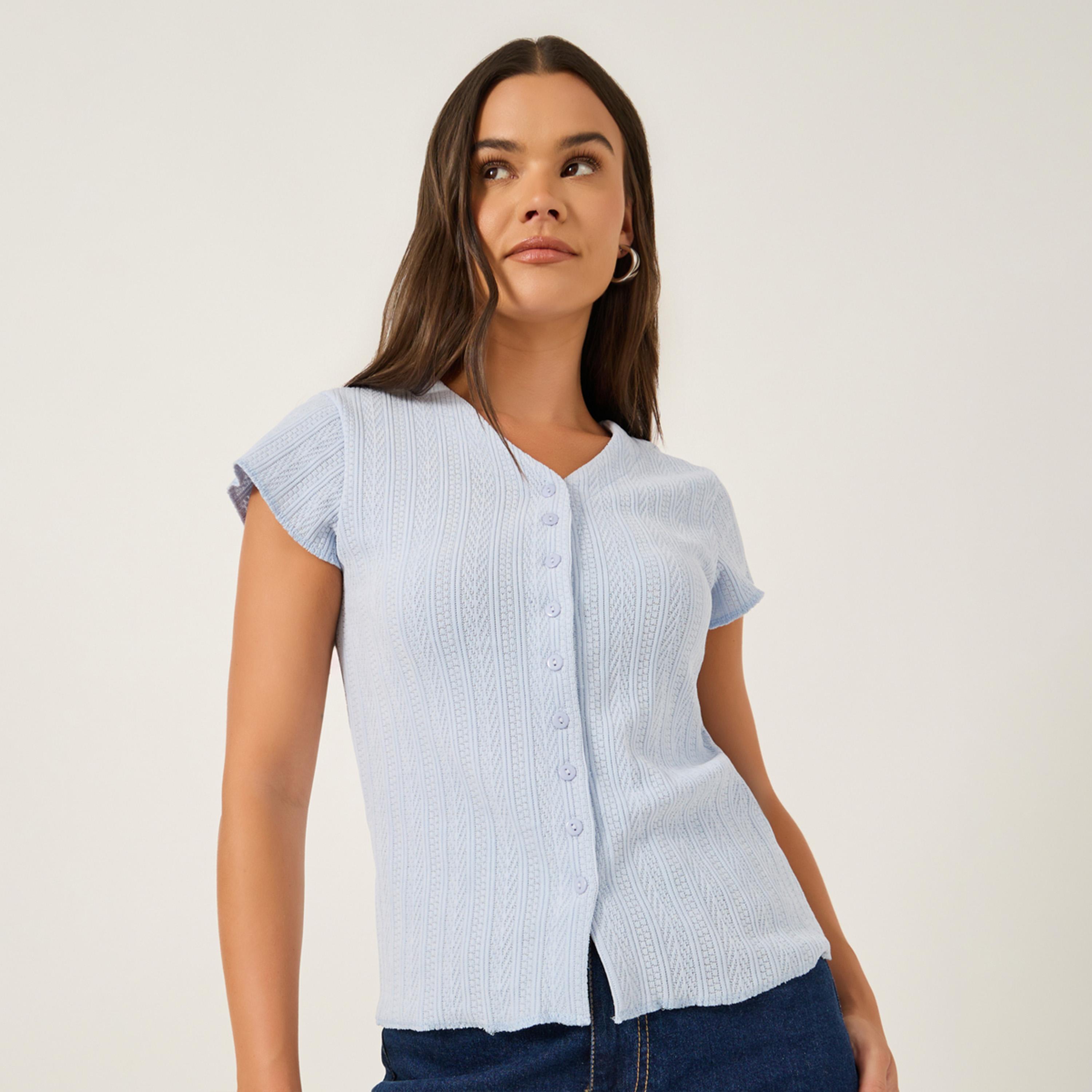 Styli Textured Extended Sleeves Buttoned Fitted T-Shirt-women-clothing-tshirts-image-1