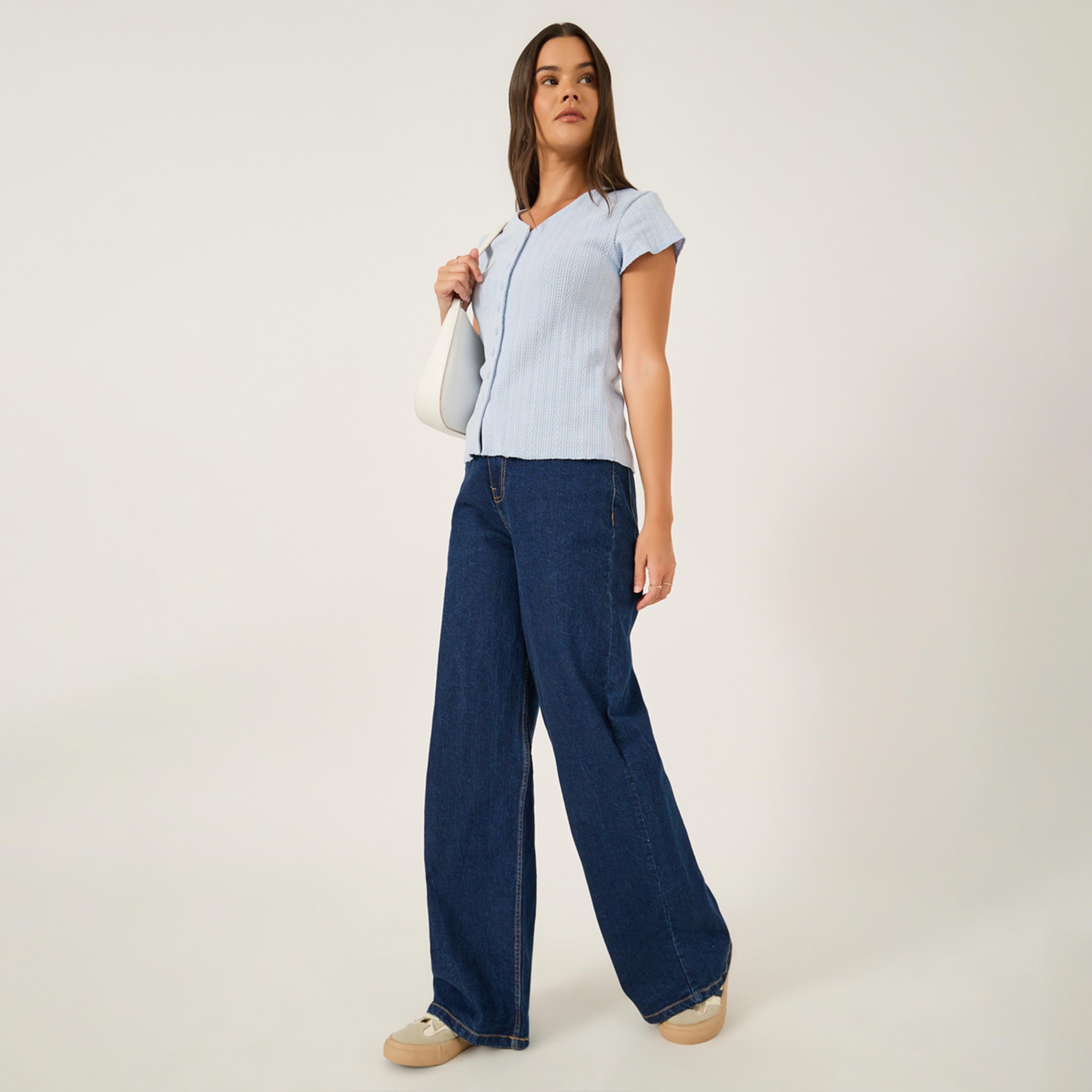 Styli Textured Extended Sleeves Buttoned Fitted T-Shirt-women-clothing-tshirts-image-2