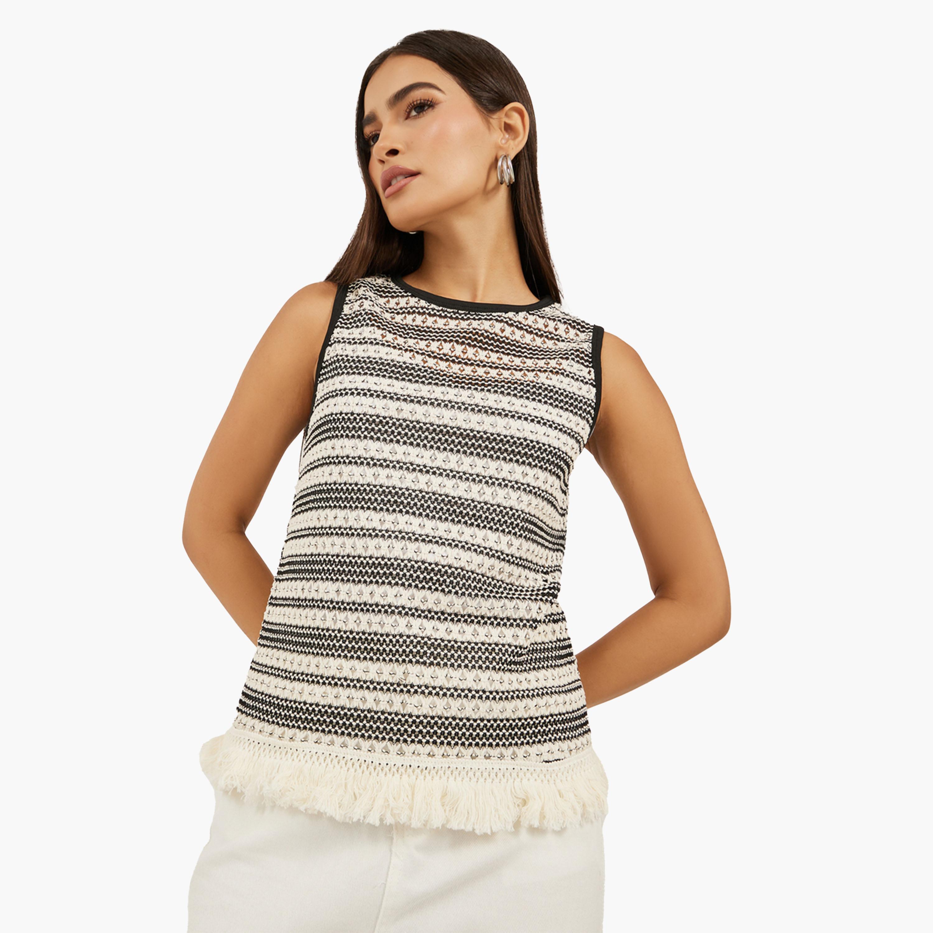 Styli Self Striped Round Neck Tank T-Shirt-women-clothing-tshirts-image-1