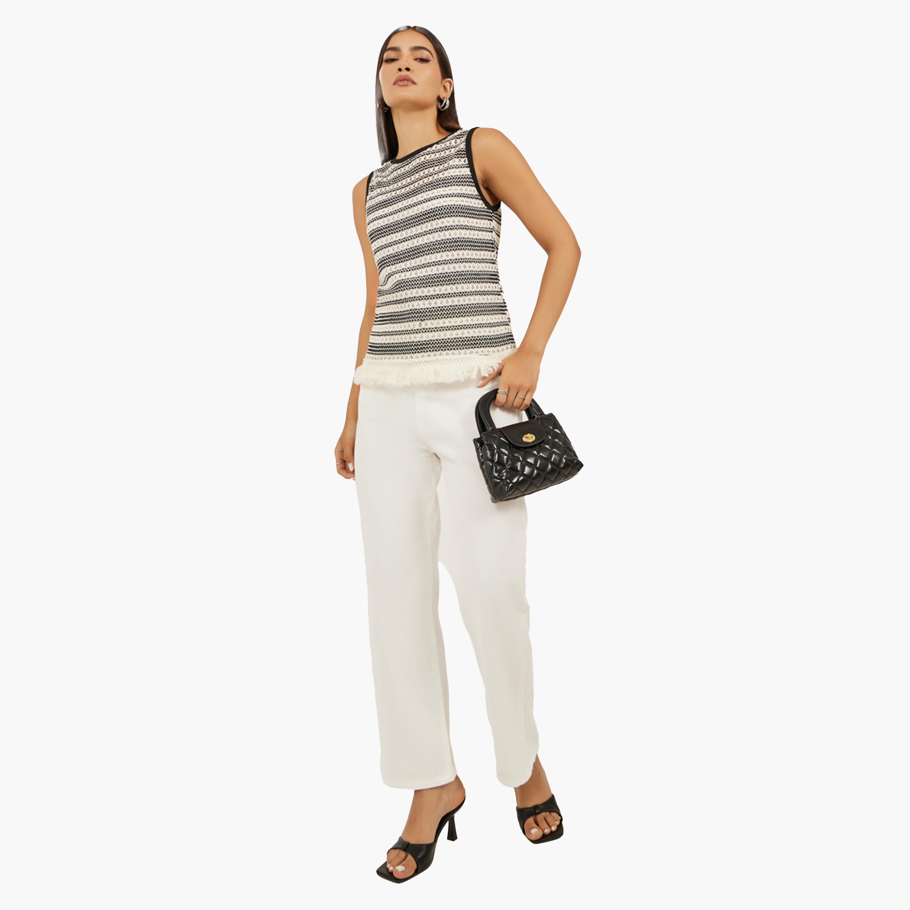 Styli Self Striped Round Neck Tank T-Shirt-women-clothing-tshirts-image-2