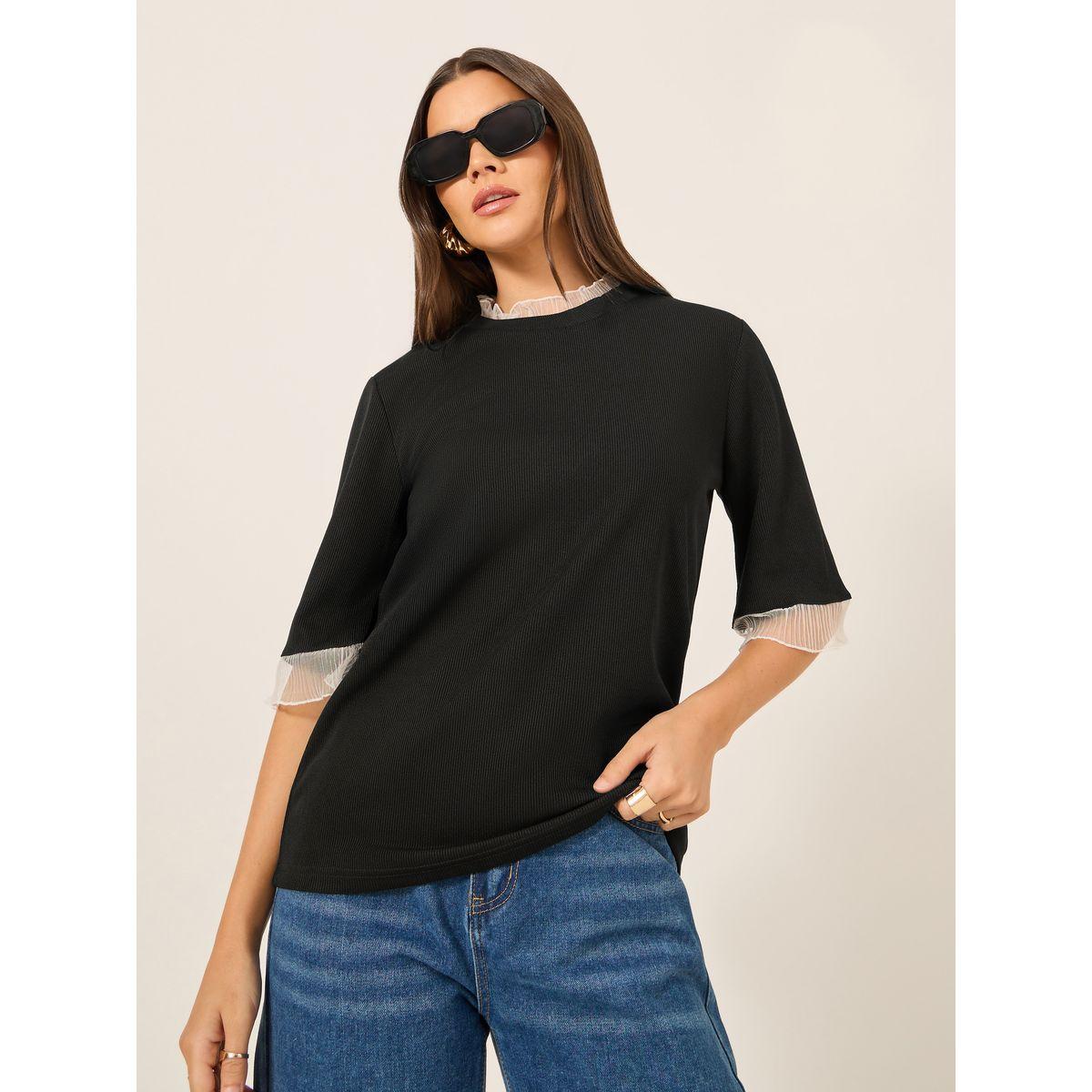 Styli Ribbed Lace Detail Elbow Sleeve Relaxed Fit T-Shirt-women-clothing-tshirts-image-1