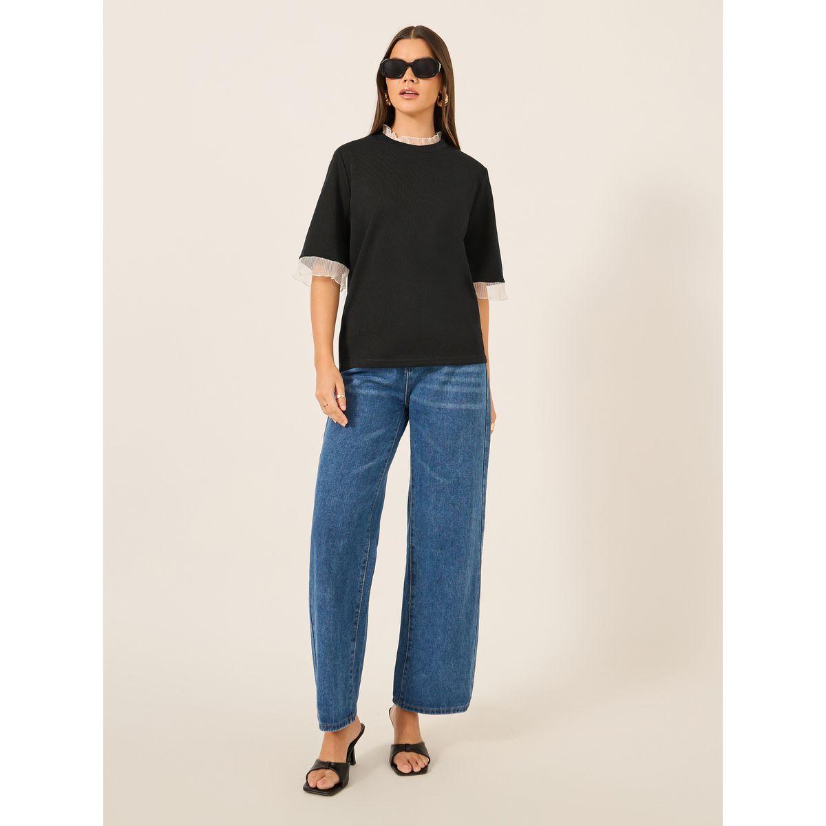 Styli Ribbed Lace Detail Elbow Sleeve Relaxed Fit T-Shirt-women-clothing-tshirts-image-2