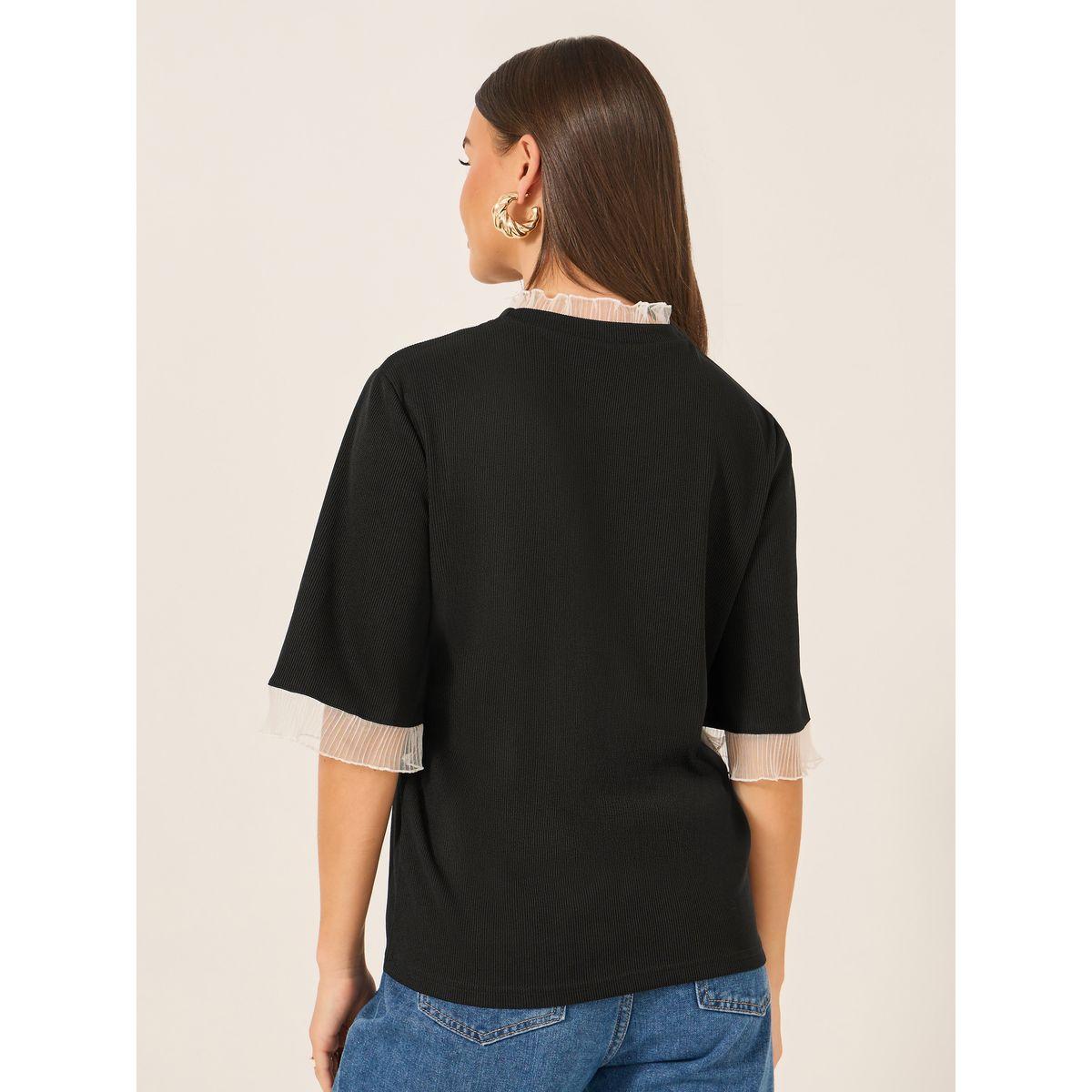 Styli Ribbed Lace Detail Elbow Sleeve Relaxed Fit T-Shirt-women-clothing-tshirts-image-4