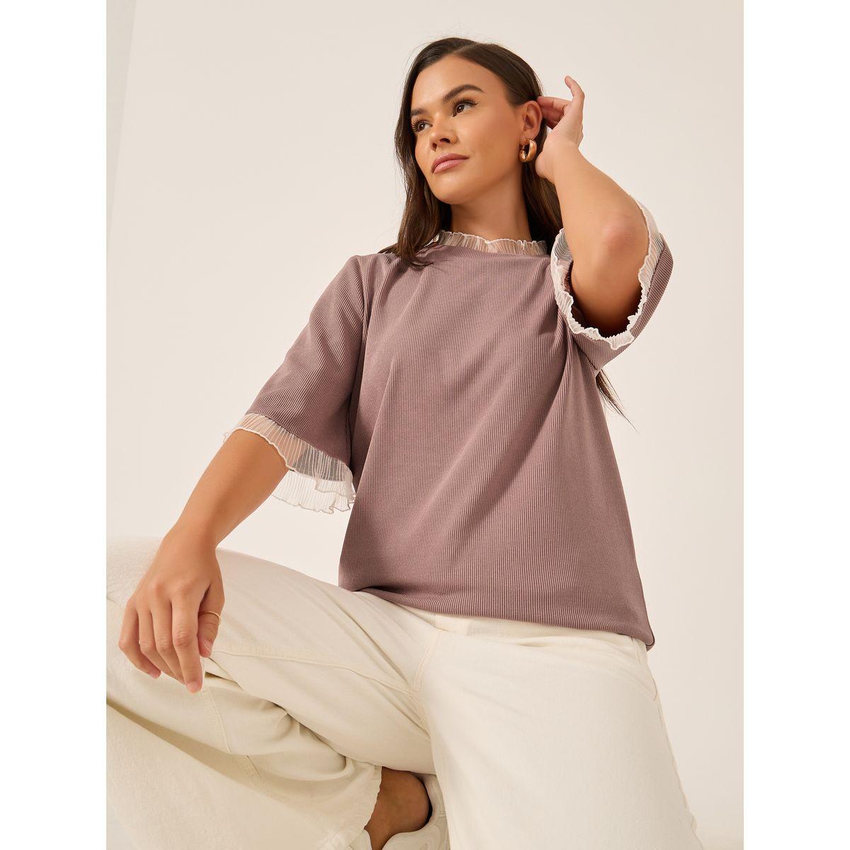 Styli Ribbed Lace Detail Elbow Sleeve Relaxed Fit T-Shirt-women-clothing-tshirts-image-1