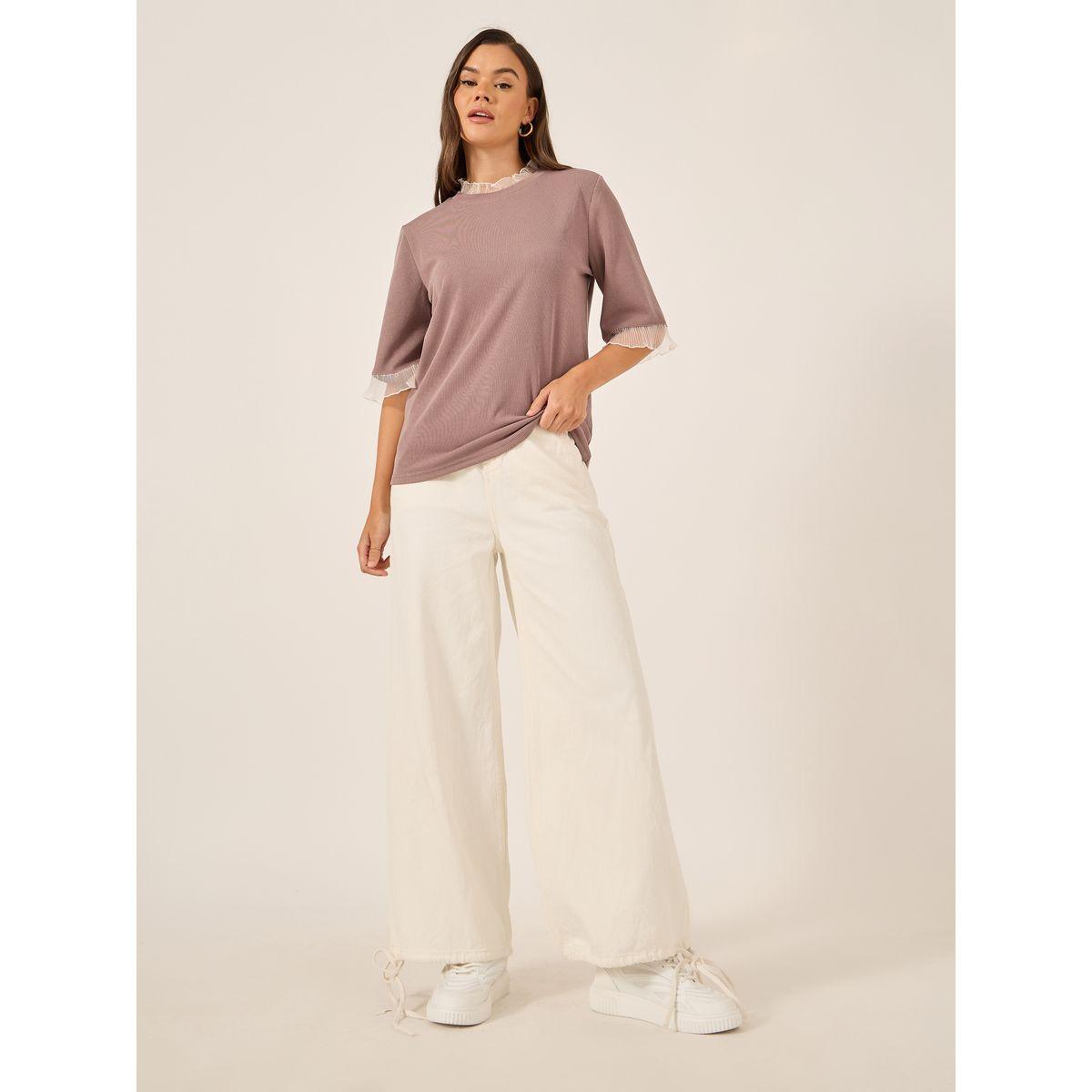 تيشيرت مضلع بقصة مريحة وتفاصيل دانتيل-women-clothing-tshirts-image-2