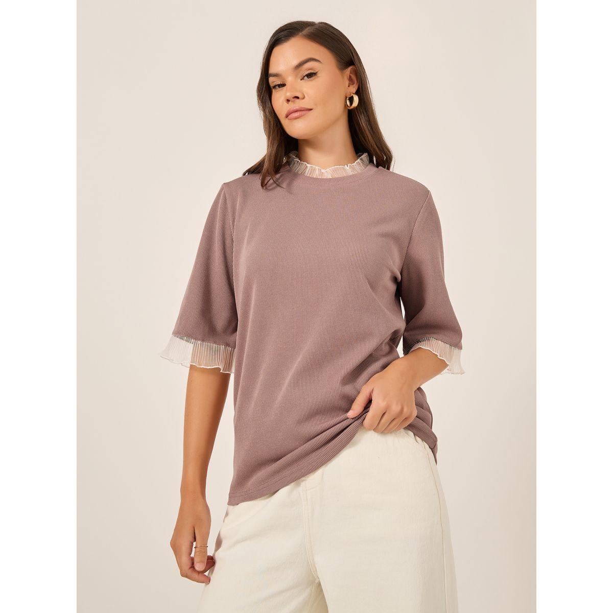 Styli Ribbed Lace Detail Elbow Sleeve Relaxed Fit T-Shirt-women-clothing-tshirts-image-3
