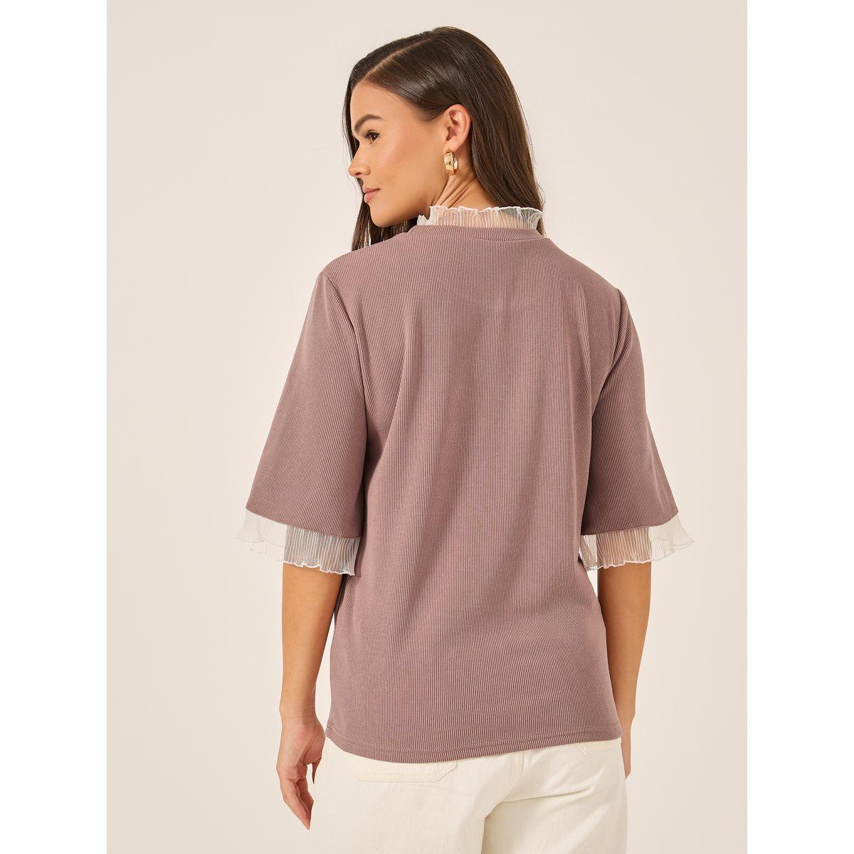 Styli Ribbed Lace Detail Elbow Sleeve Relaxed Fit T-Shirt-women-clothing-tshirts-image-5