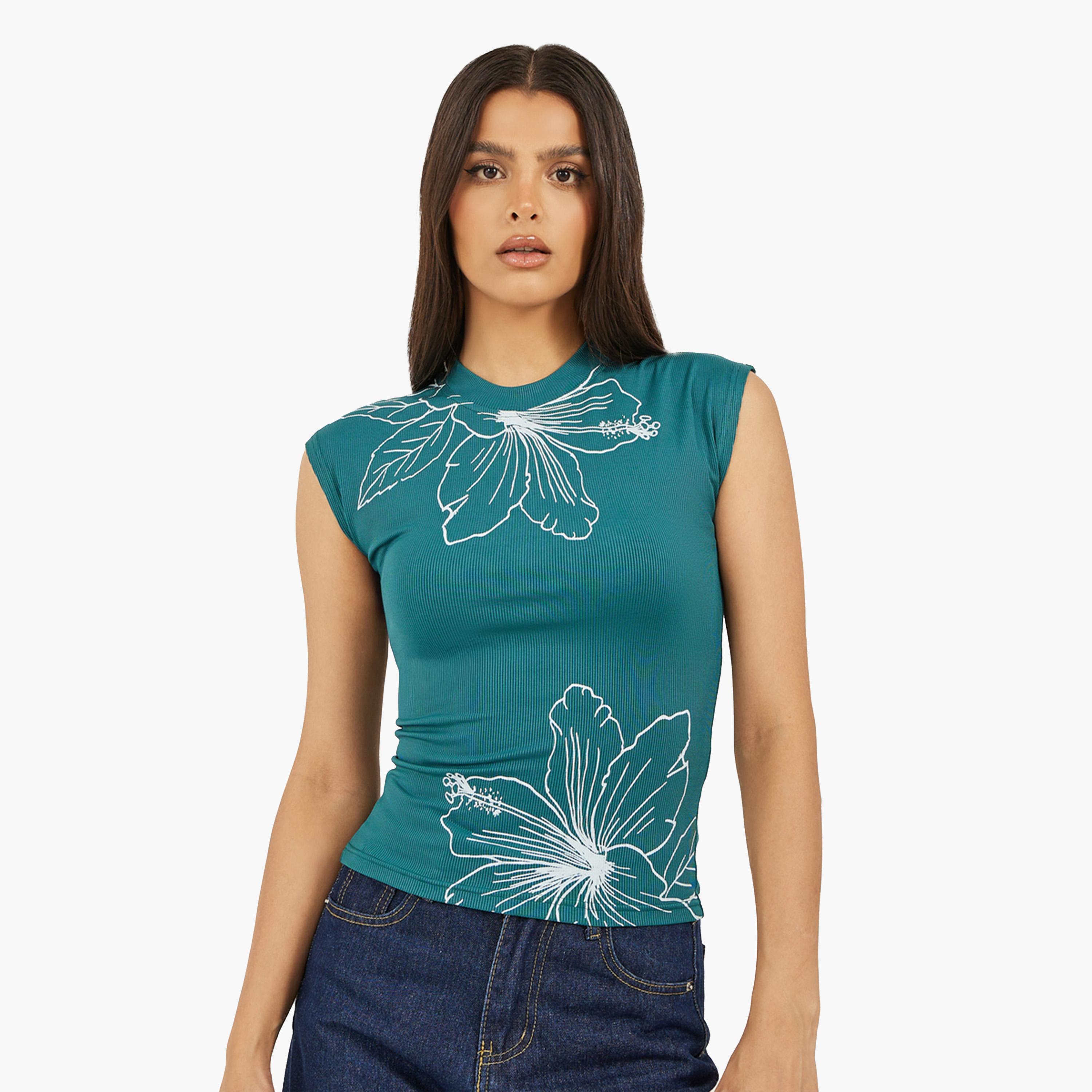 Styli Floral Graphic Print Ribbed Fitted Tank-women-clothing-tshirts-image-1