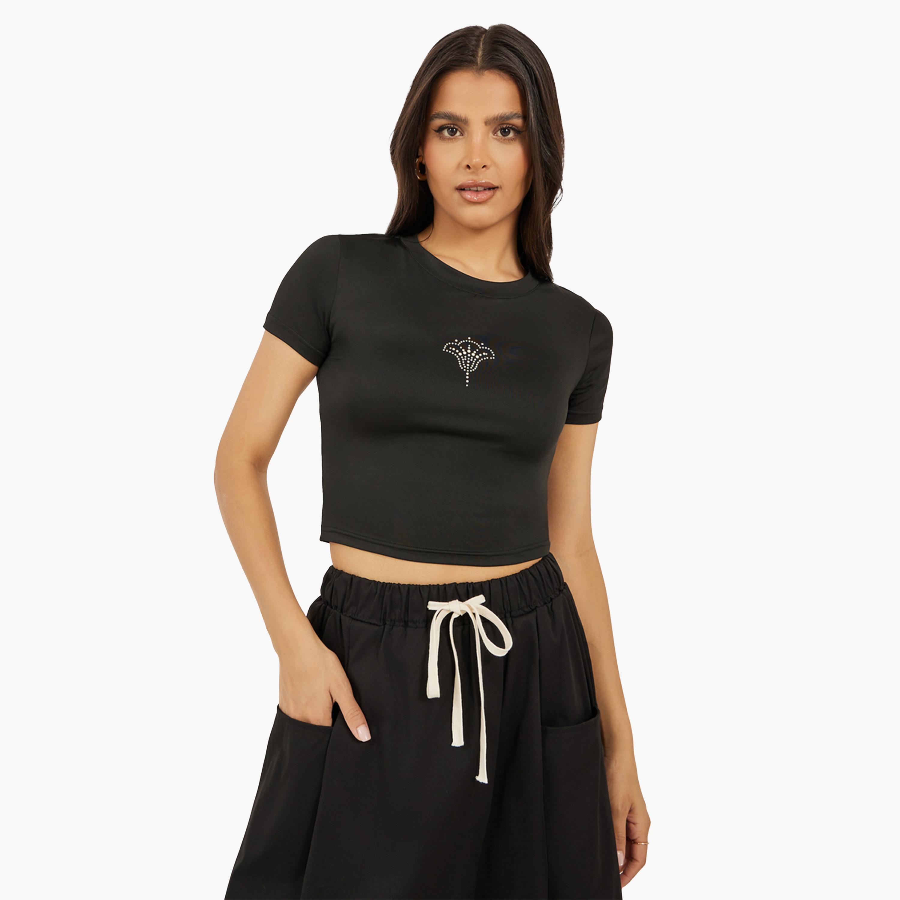 Styli Rhinestone Embellished Cropped Fitted T-Shirt-women-clothing-tshirts-image-1