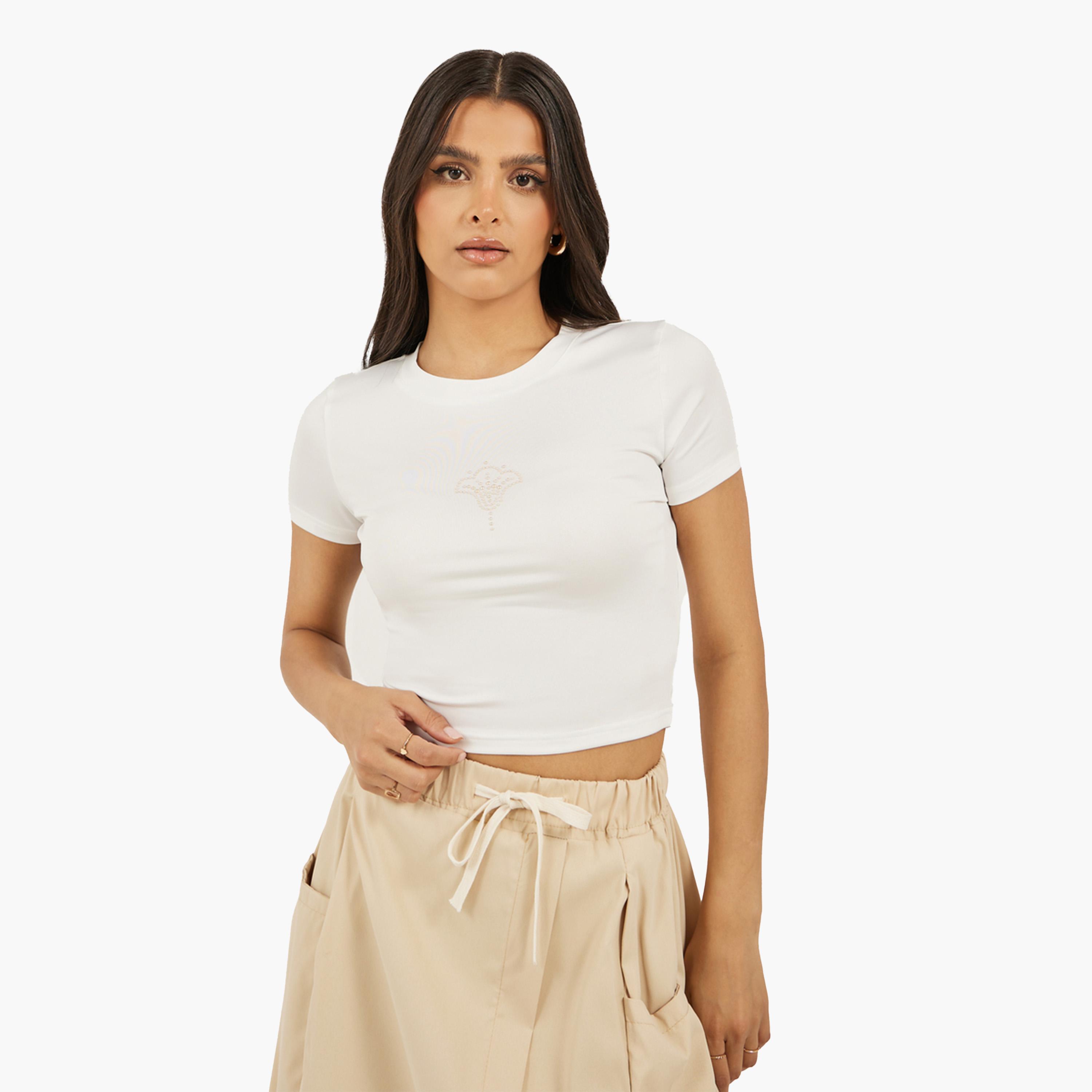Styli Rhinestone Embellished Cropped Fitted T-Shirt-women-clothing-tshirts-image-1