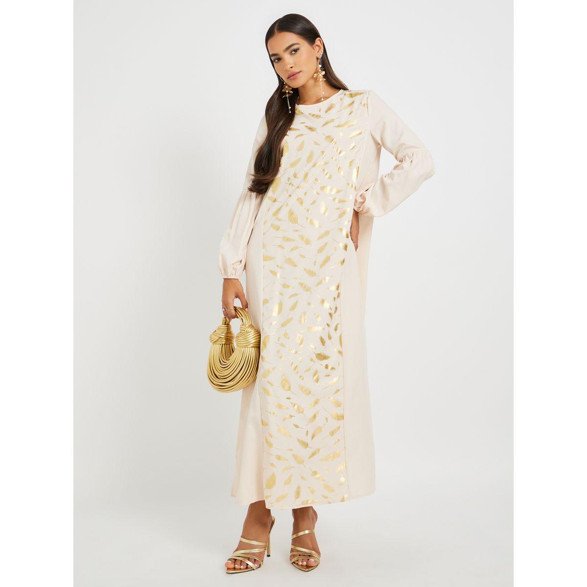 Amirah X Styli Foil Printed Cuffed Sleeves Jalabiya-women-arabicclothing-jalabiyas-image-1