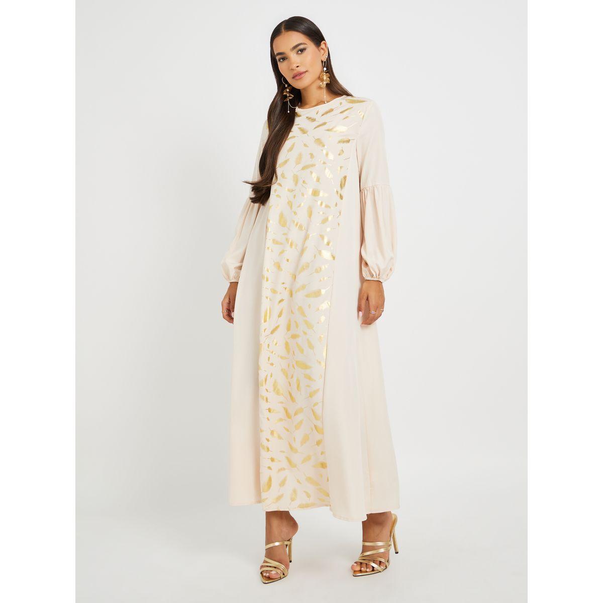 Amirah X Styli Foil Printed Cuffed Sleeves Jalabiya-women-arabicclothing-jalabiyas-image-2