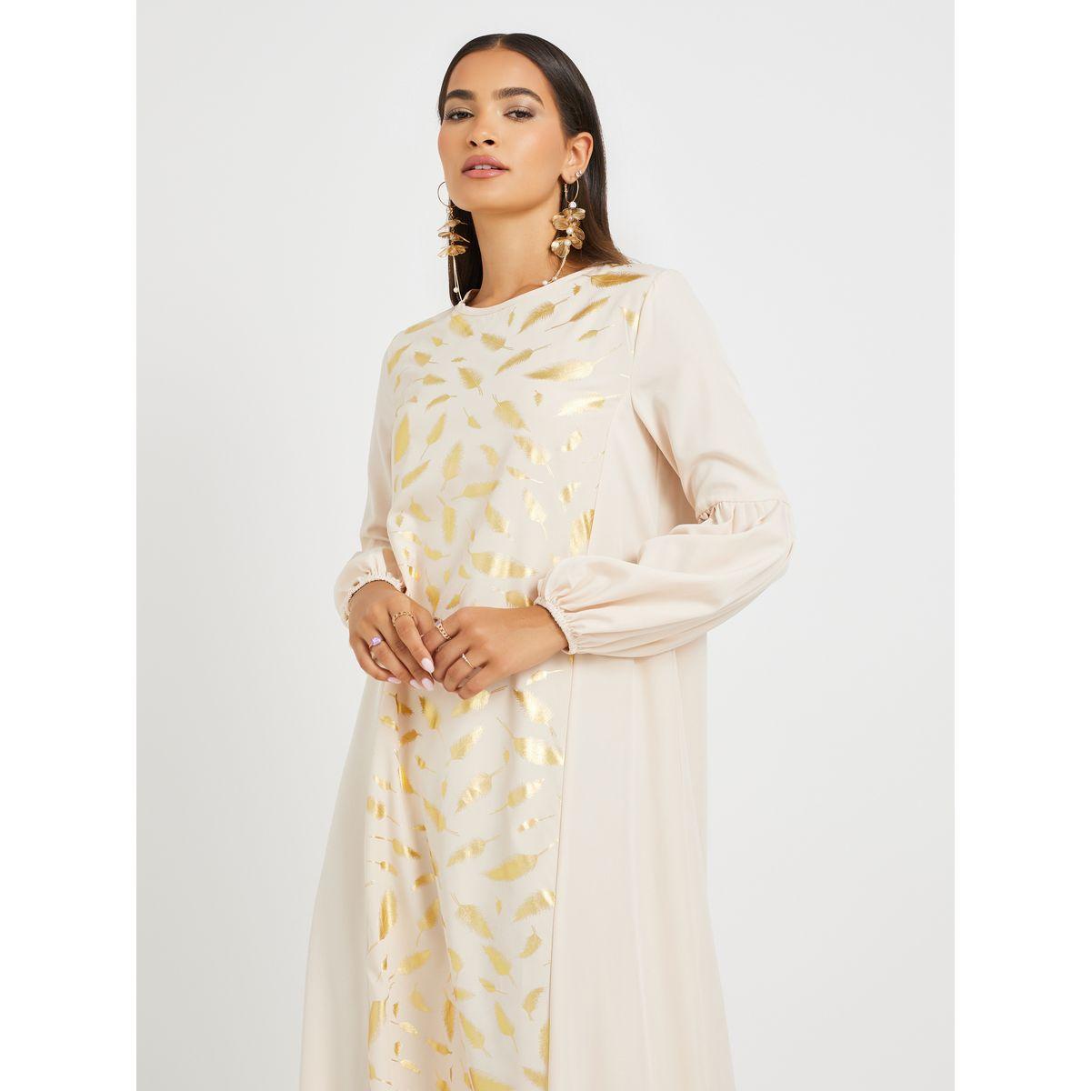 Amirah X Styli Foil Printed Cuffed Sleeves Jalabiya-women-arabicclothing-jalabiyas-image-3