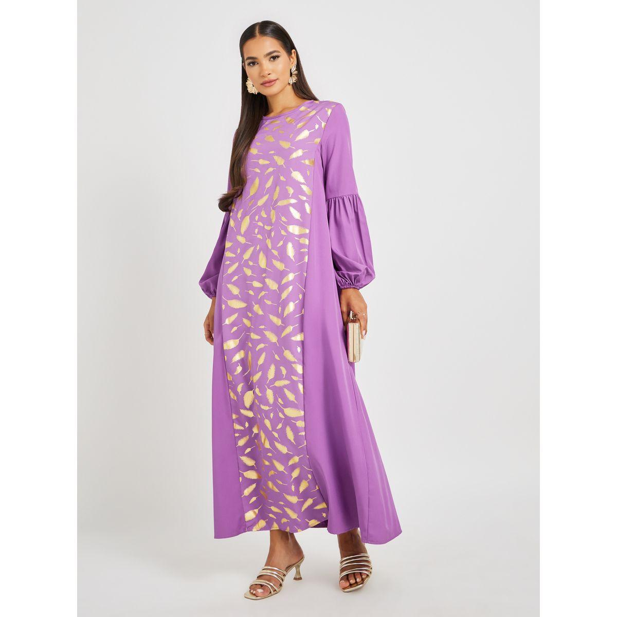 Styli Foil Printed Cuffed Sleeves Jalabiya-women-arabicclothing-jalabiyas-image-1