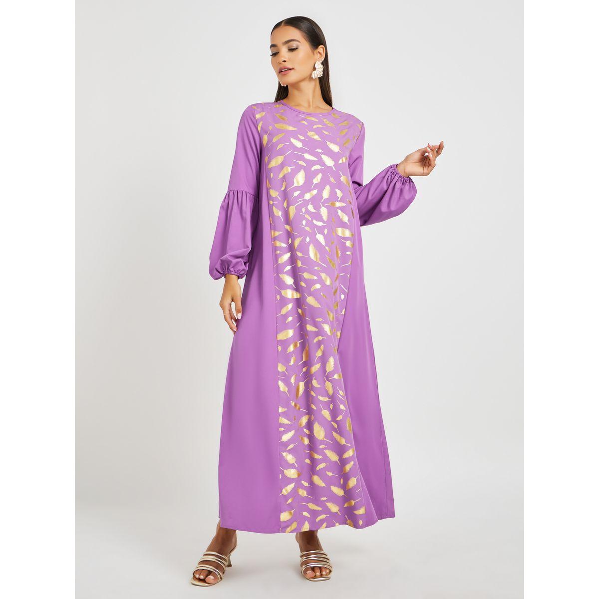 Styli Foil Printed Cuffed Sleeves Jalabiya-women-arabicclothing-jalabiyas-image-2