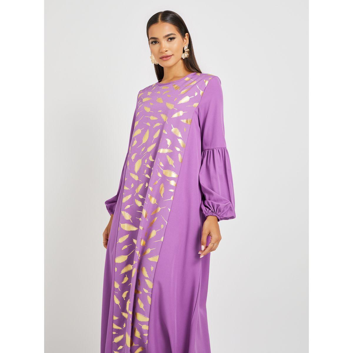 Styli Foil Printed Cuffed Sleeves Jalabiya-women-arabicclothing-jalabiyas-image-3